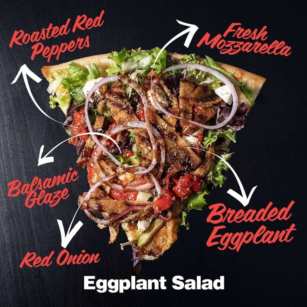 One look and you know this slice is&nbsp;🔥
​
​Breaded eggplant, Roasted red peppers, Fresh mozzarella, Red onion and balsamic glaze make our Eggpland Salad slice a must try&nbsp;😍