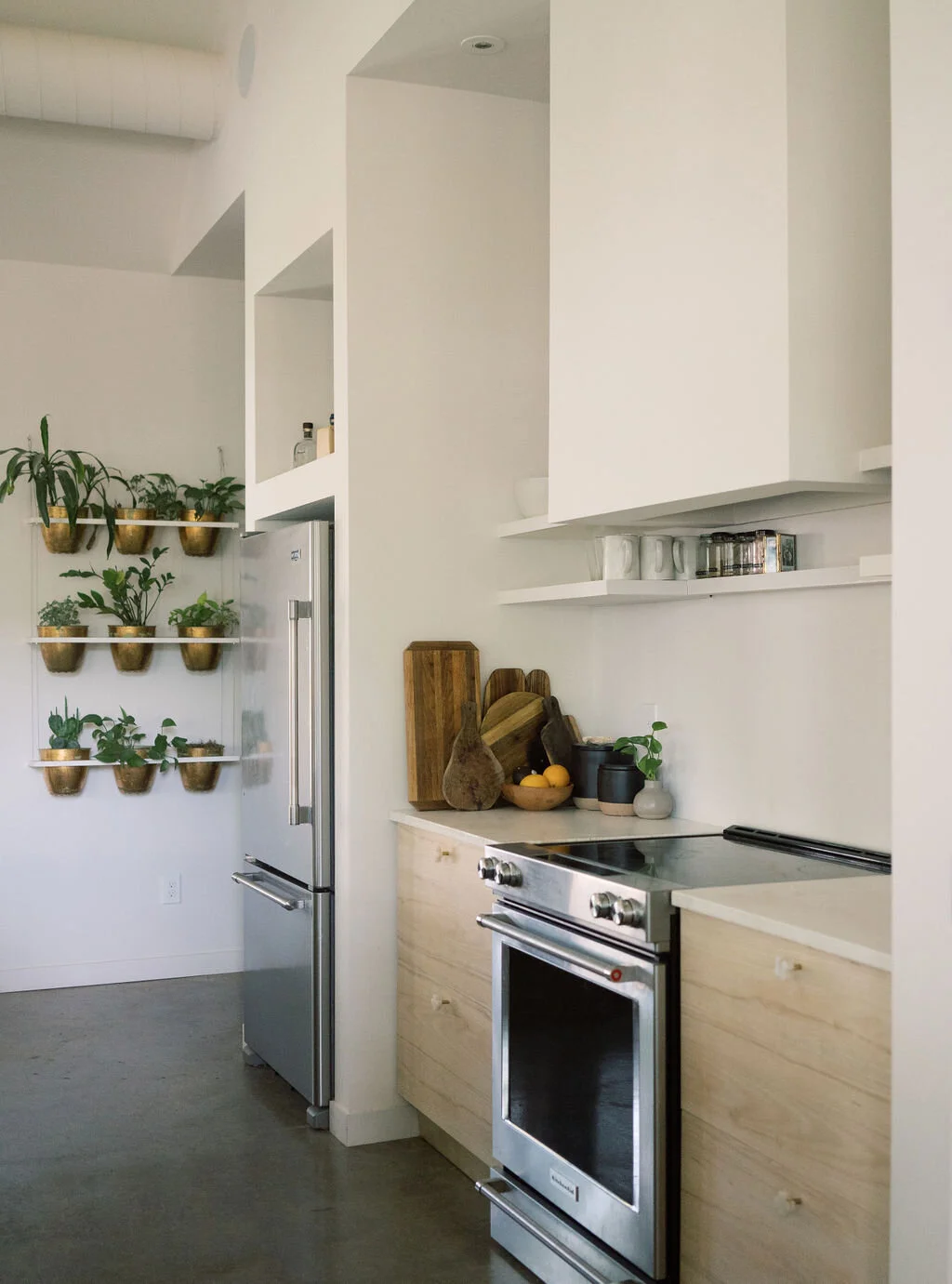 A simple and clean yet functional kitchen in this new custom home. Wood cutting boards and plant accents are very inviting. 