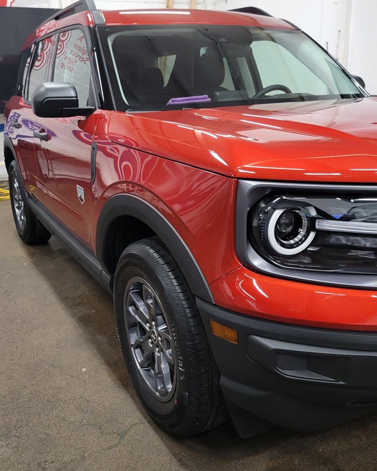 Hot Pepper Red Ford Bronco Sport wearing a 5yr Gtechniq ceramic, wheel, and glass coating. The interior also received Gtechniqs full interior line of protection! 

Get ahold of us for more information on our ceramic coating packages. We currently hav