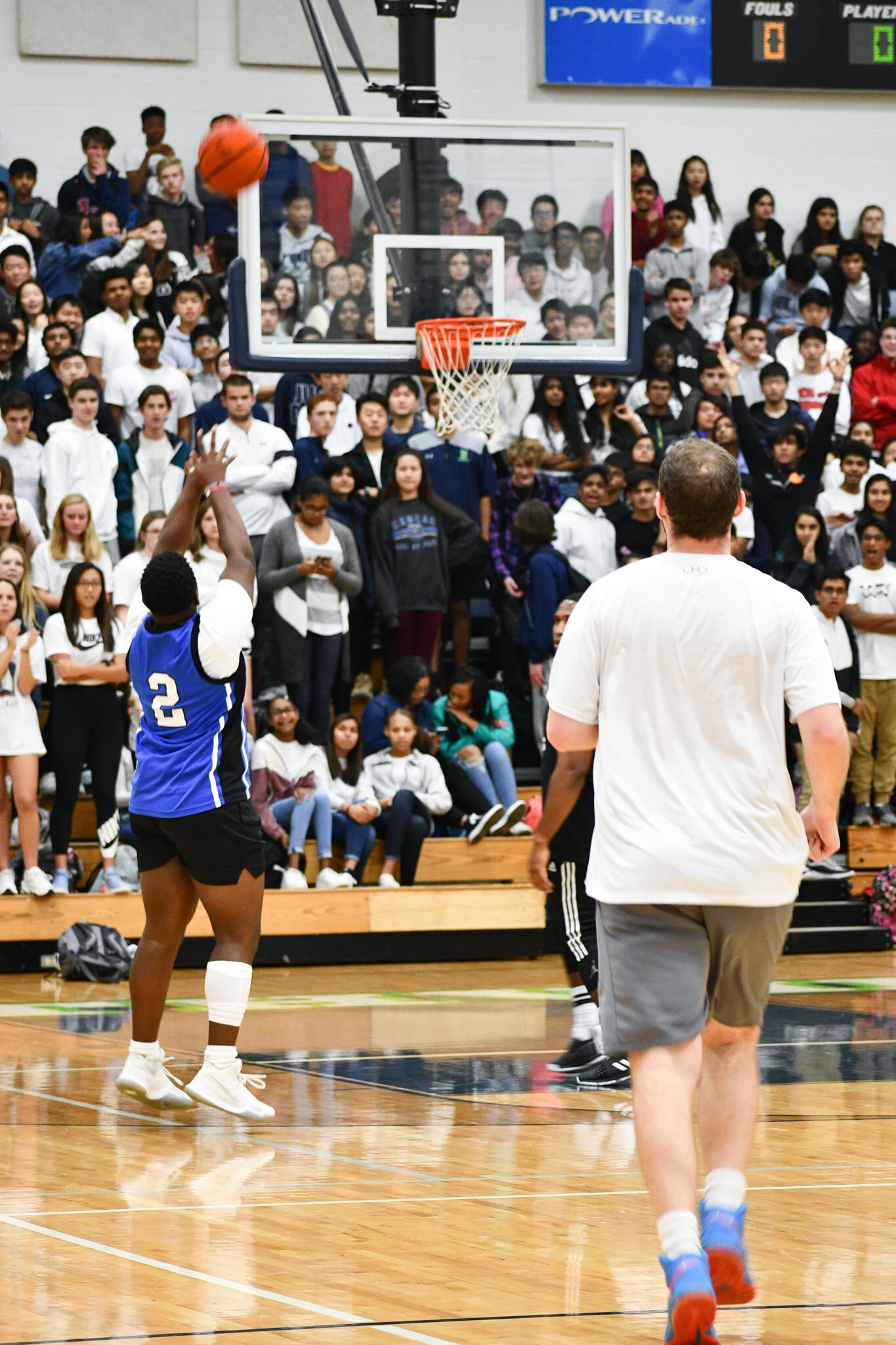 Senior Brandon Bryant shoots a layup in the annual students versus teachers pep rally game.
