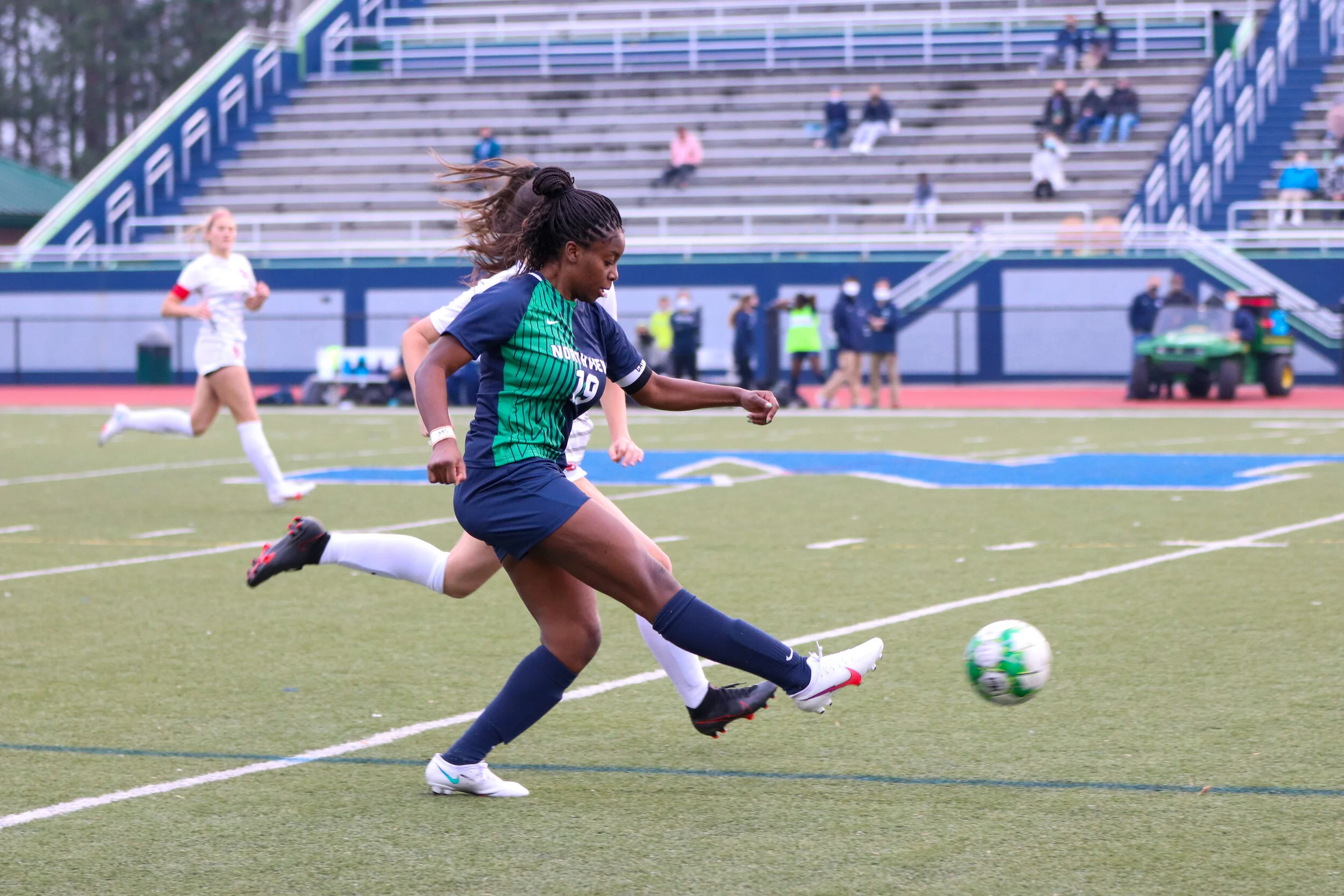 Senior Tofunmi Abimbola leads the ball towards Northview's goal.