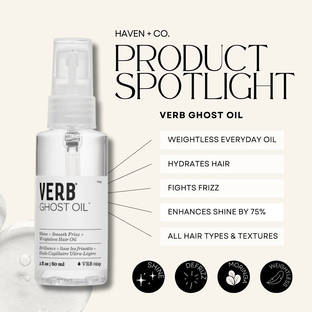 ✨ Introducing our haircare secret weapon: Verb Ghost Oil! ✨ 

This lightweight, nourishing elixir is your ticket to salon-worthy locks that shine and slay all day. Say goodbye to frizz and hello to sleek, silky strands! 

Pick yours up today at Haven