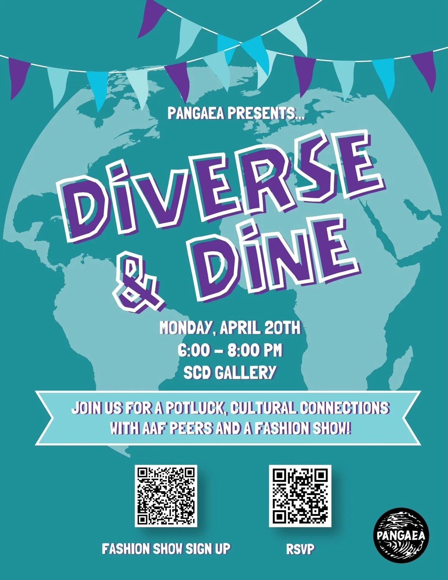 WE PRESENT DIVERSE &amp; DINE 🍽️

PLEASE COME MONDAY APRIL 20TH 6:00-8:00 PM SCD GALLERY!! JOIN US FOR A POTLUCK, CULTURAL CONNECTIONS WITH AAF PEERS AND A FASHION‼️💃

PLEASE RSVP IF YOU ARE COMING OR IF YOU WANT TO SIGN UP FOR THE FASHION SHOW!