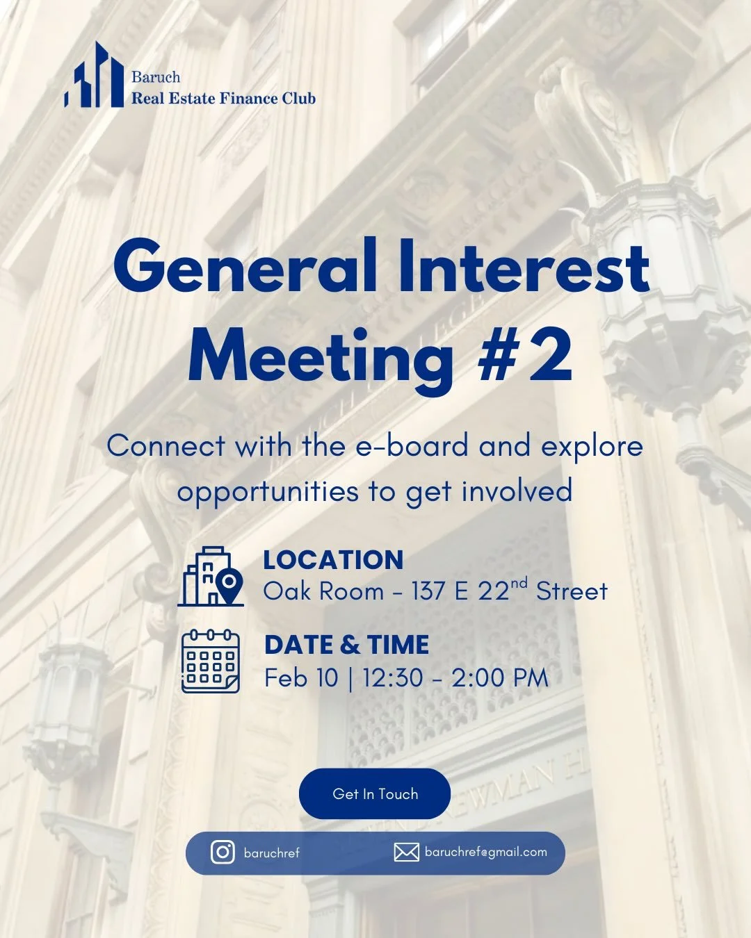 Join Baruch REF for our second General Interest Meeting this upcoming Tuesday. This session will provide an opportunity to connect with the e-board in person and learn more about upcoming opportunities.

Please scan the QR code attached or visit the 