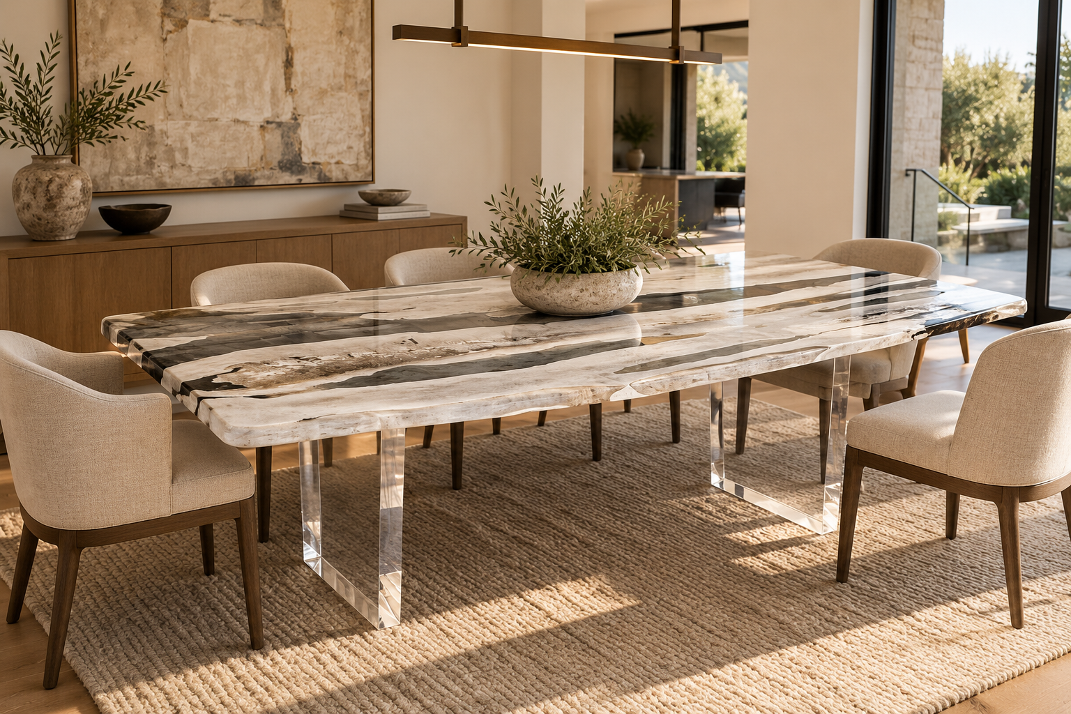 Custom bleached live edge dining table in a luxury Pacific Palisades home