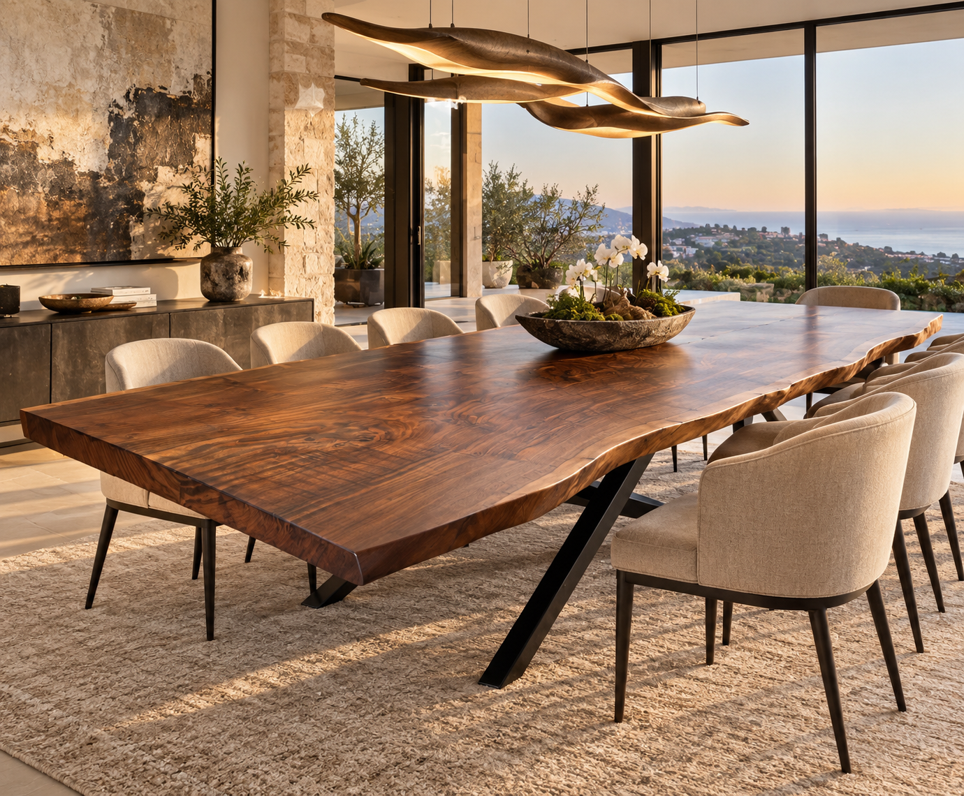Oversized custom walnut live edge dining table in a luxury Pacific Palisades home