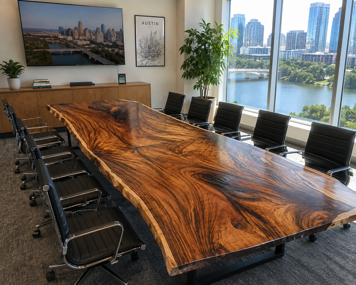 Custom live edge conferene table in a luxury Austin Texas office.