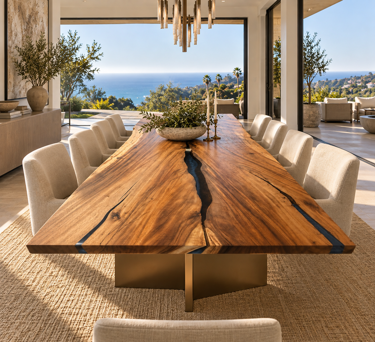 Custom live edge dining table in a luxury Pacific Palisades home