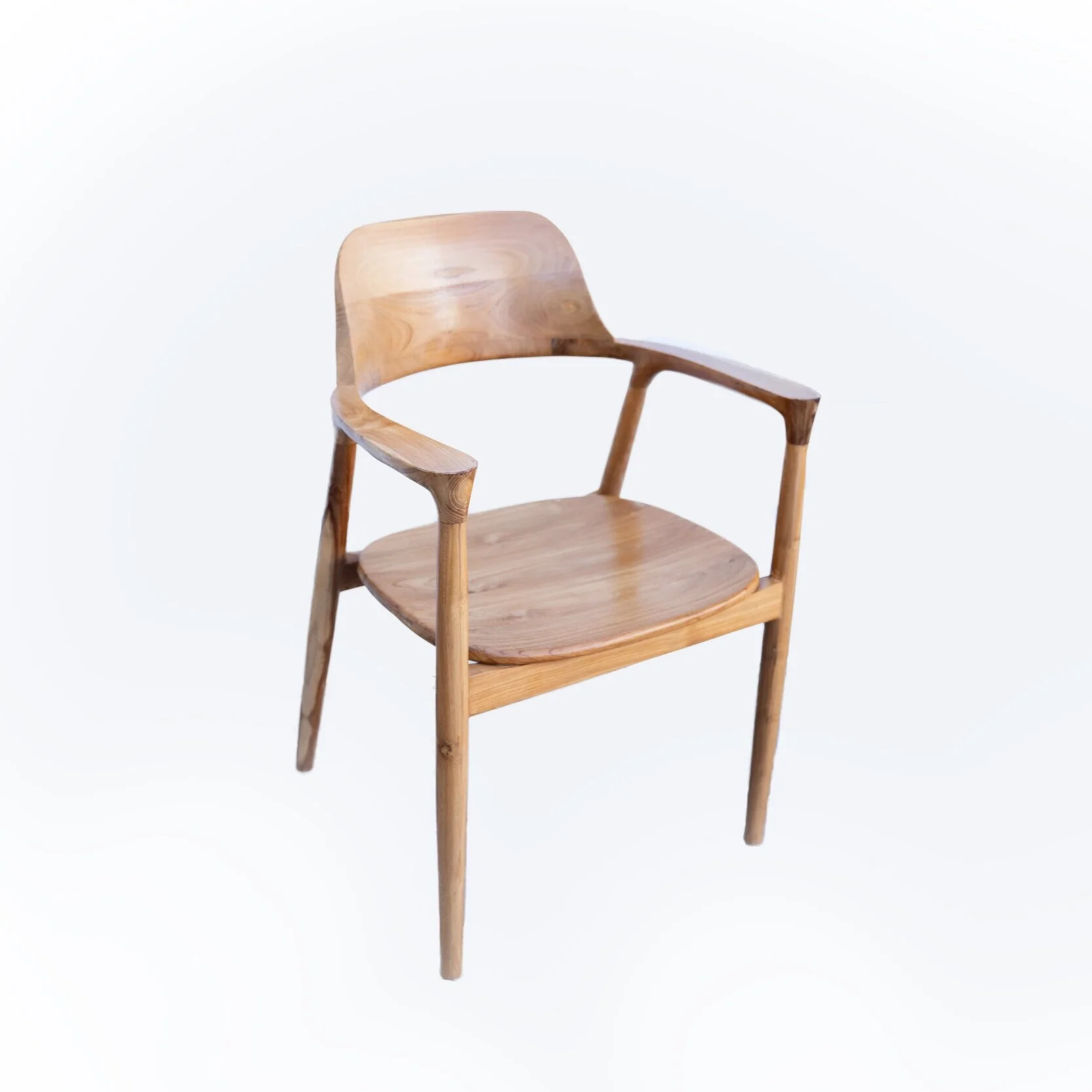 Wooden chair with armrests and curved backrest on a white background.