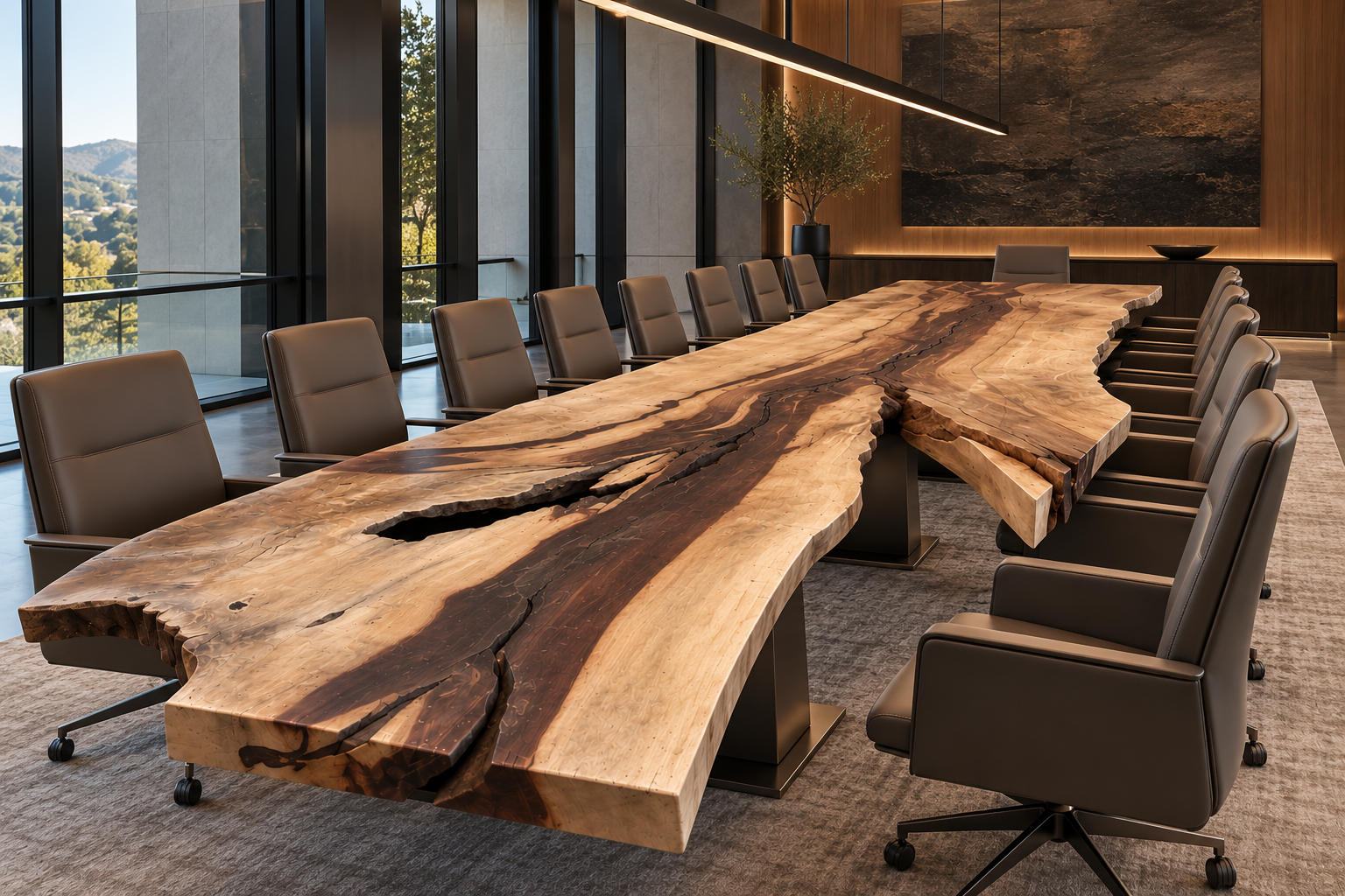 22-foot custom live edge wood conference table with natural grain and sculptural edges in a luxury executive boardroom, designed by Indigenous by La Rue.