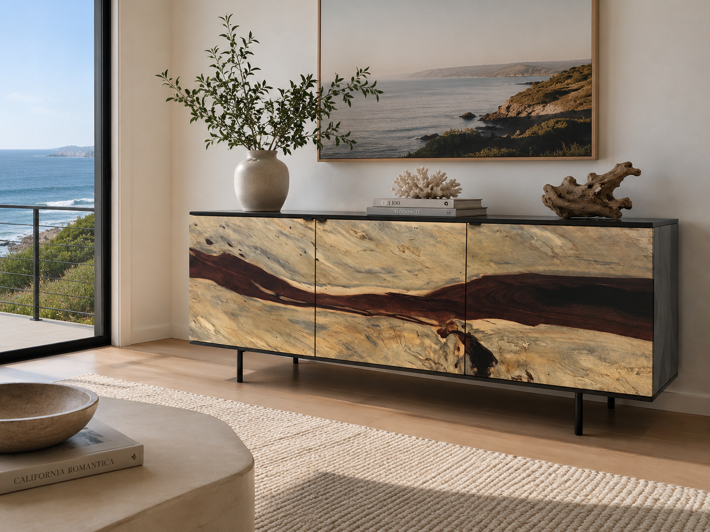 Luxury custom tamarind wood cabinet with dramatic natural grain, black countertop and metal legs, staged in a modern San Diego coastal home.