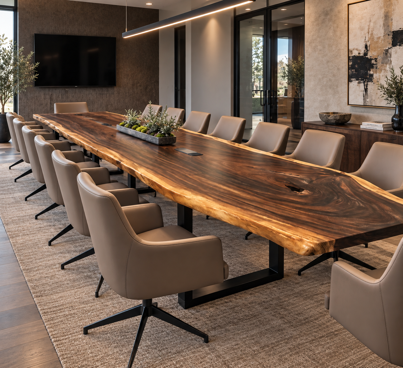 12-0foot live edge wood conference table in a modern San Diego office by Indigenous by La Rue