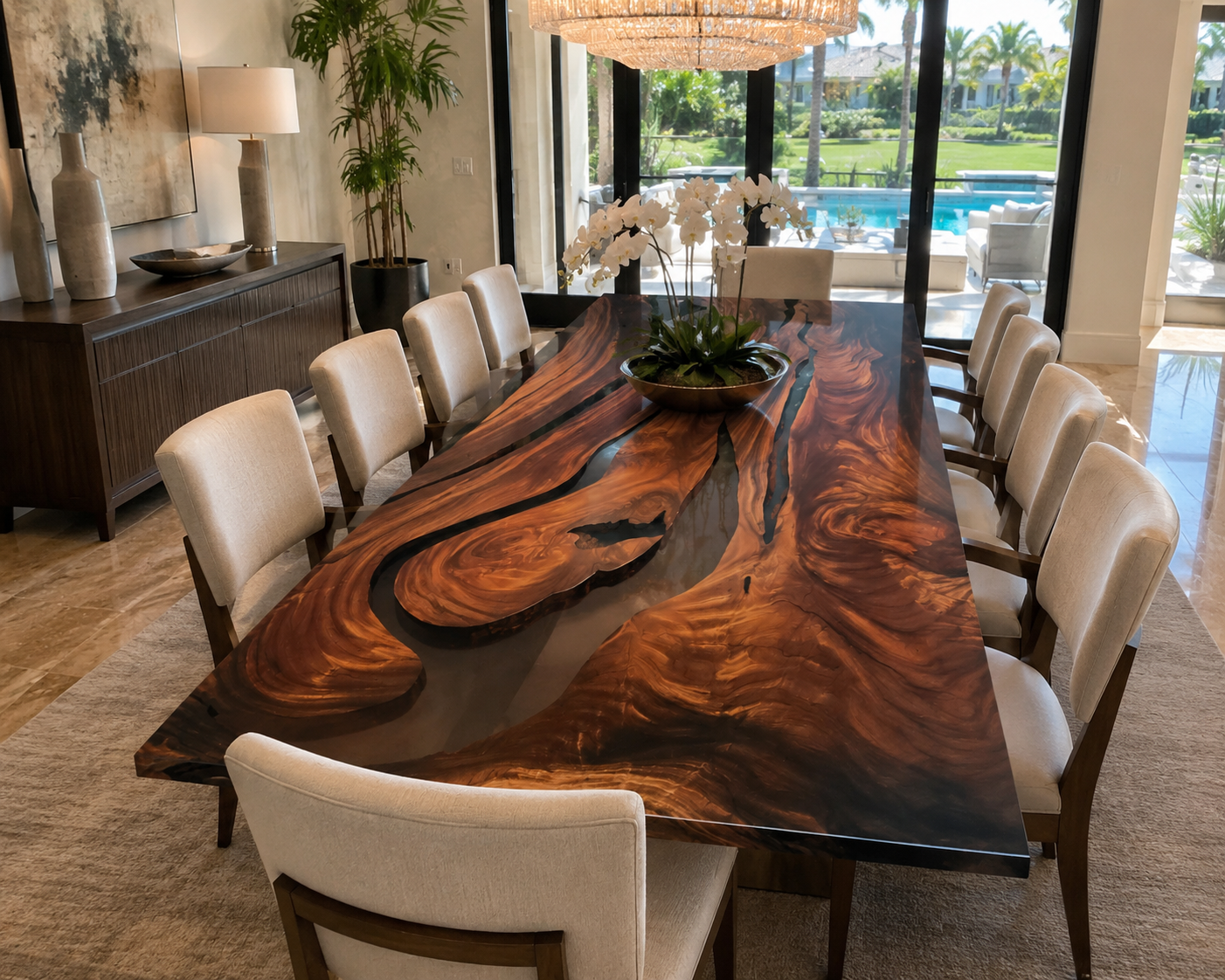 Luxury custom wood dining table in an elegant Palm Beach Florida home