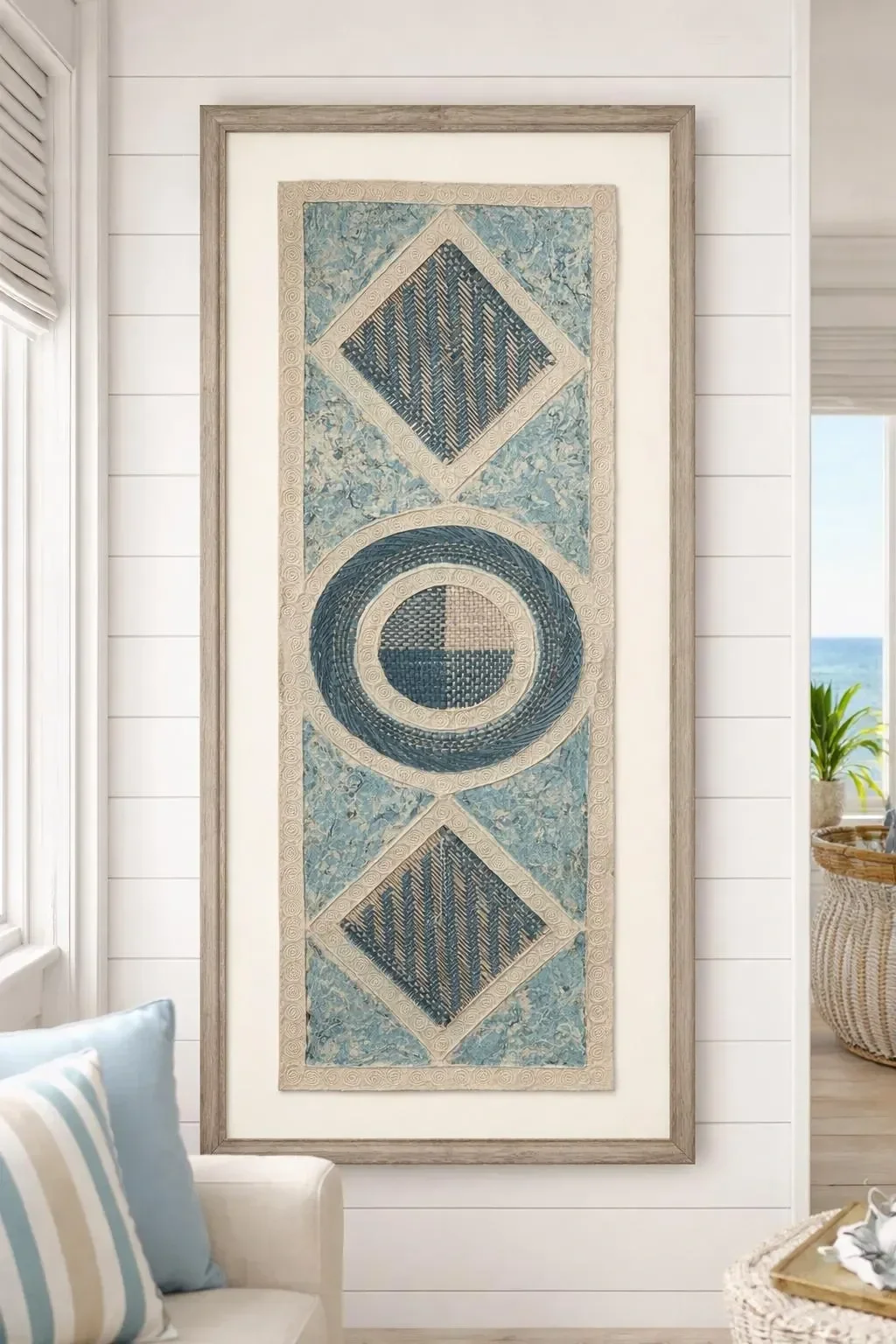 Long Aqua  Amate with a Circle and Diamond Weaving