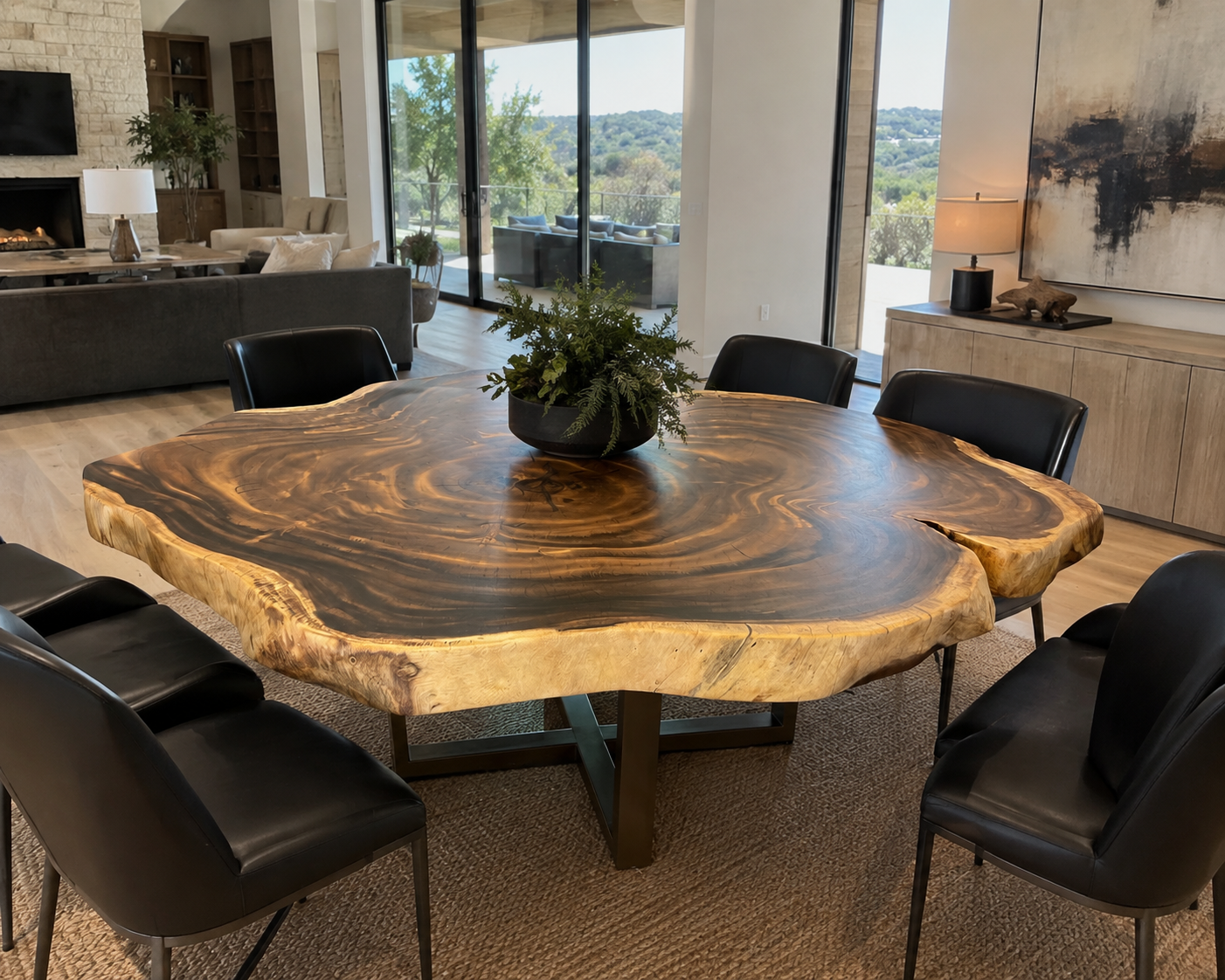 Handcrafted live edge wood table showing natural grain and artisan details.