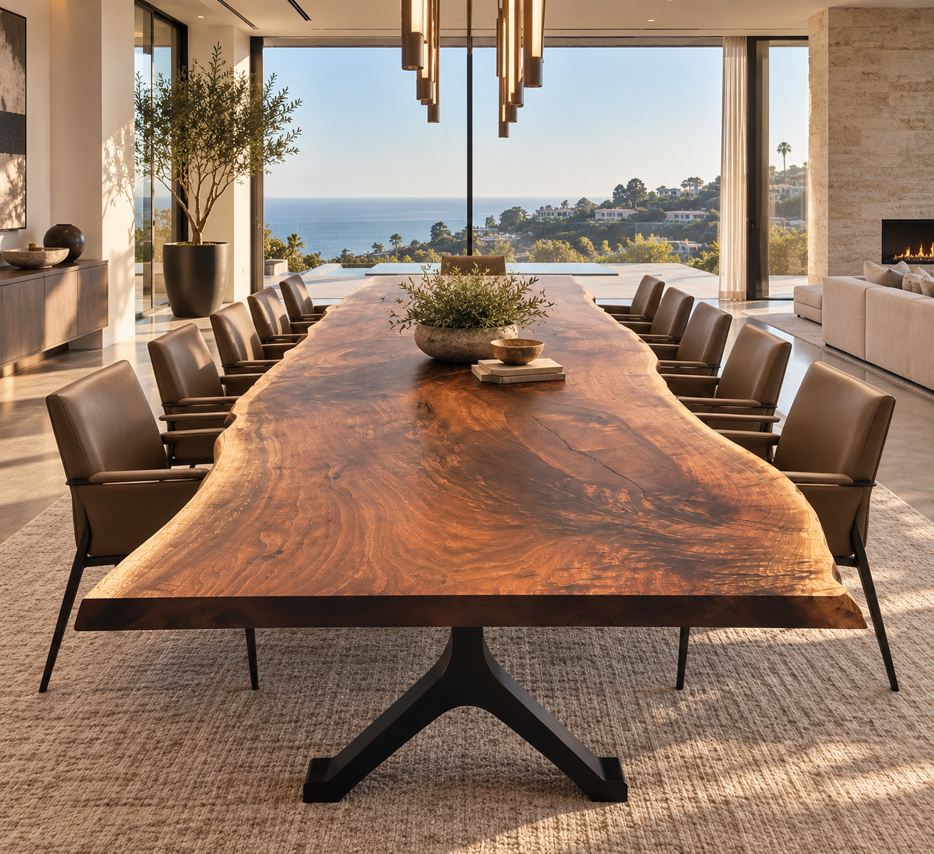 Oversized black walnut live edge dining table for a luxury Pacific Palisades home