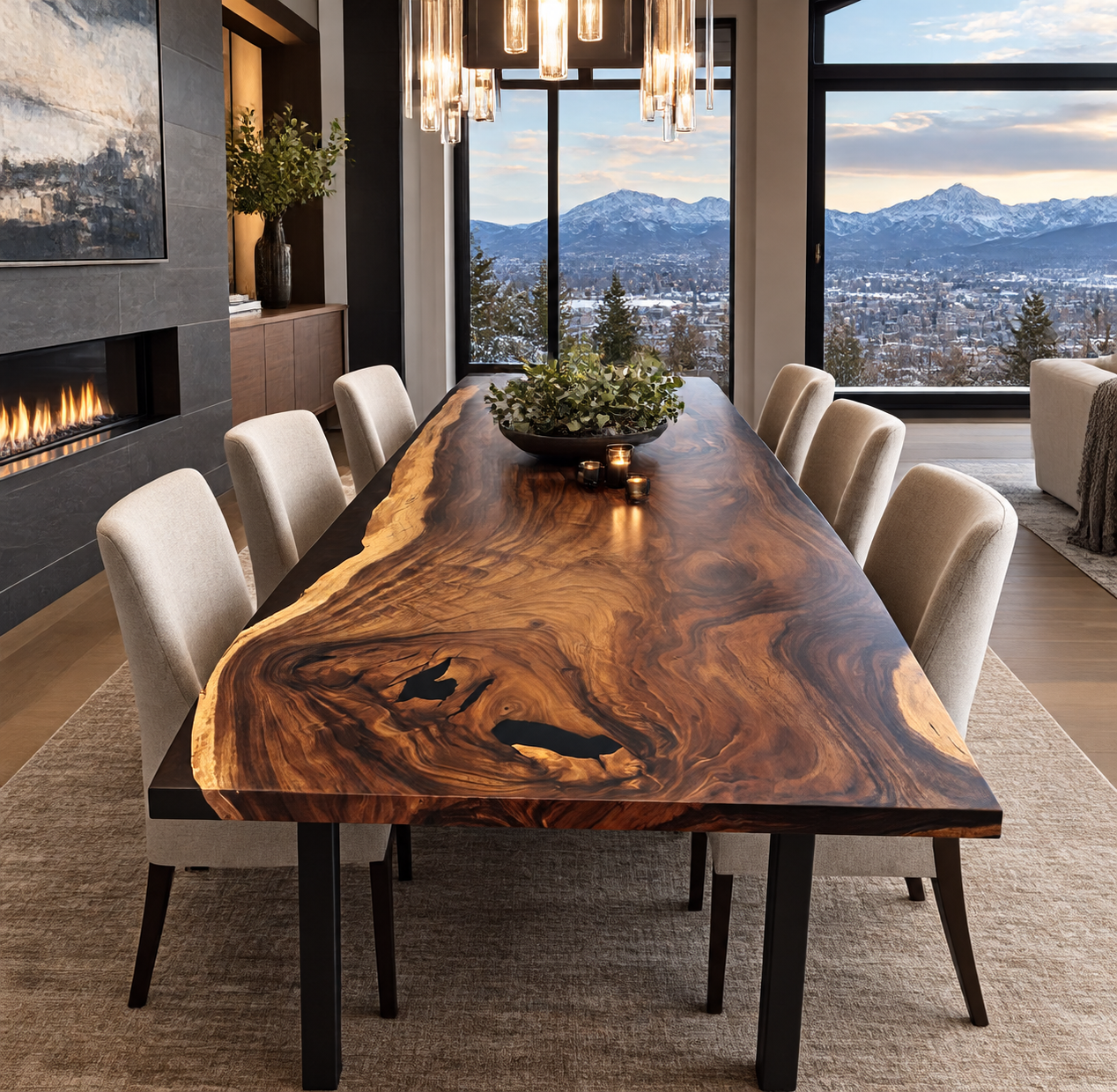 Custom live edge acacia dining table in a luxury Denver Colorado home.