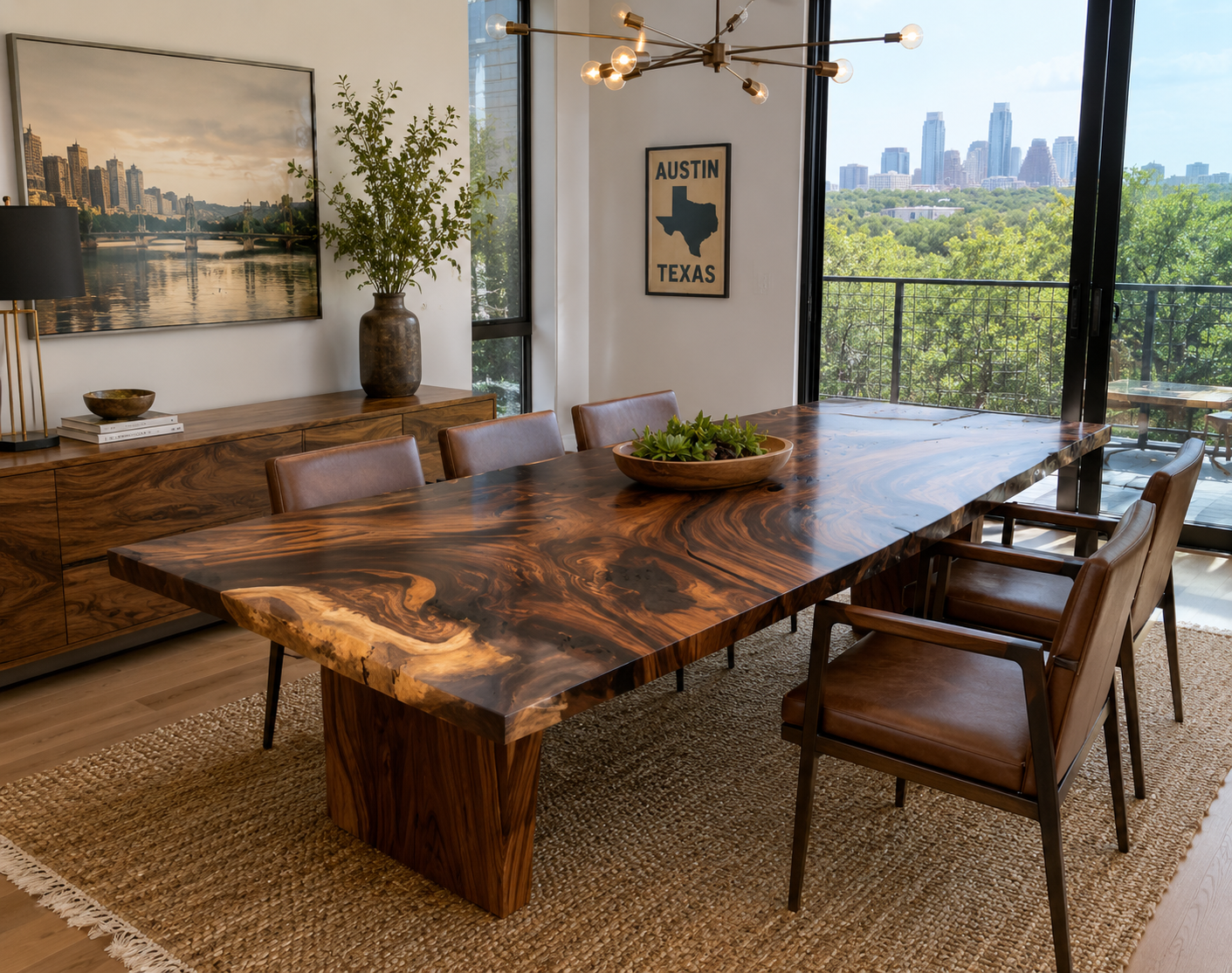 Custom live edge dining table for a luxury home in Austin Texas.