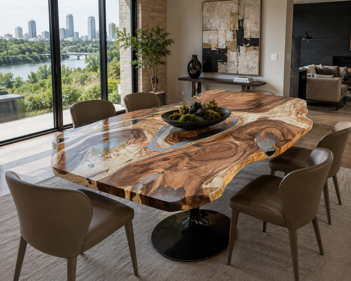 Custom wood and resin table designed for an Austin Texas home.