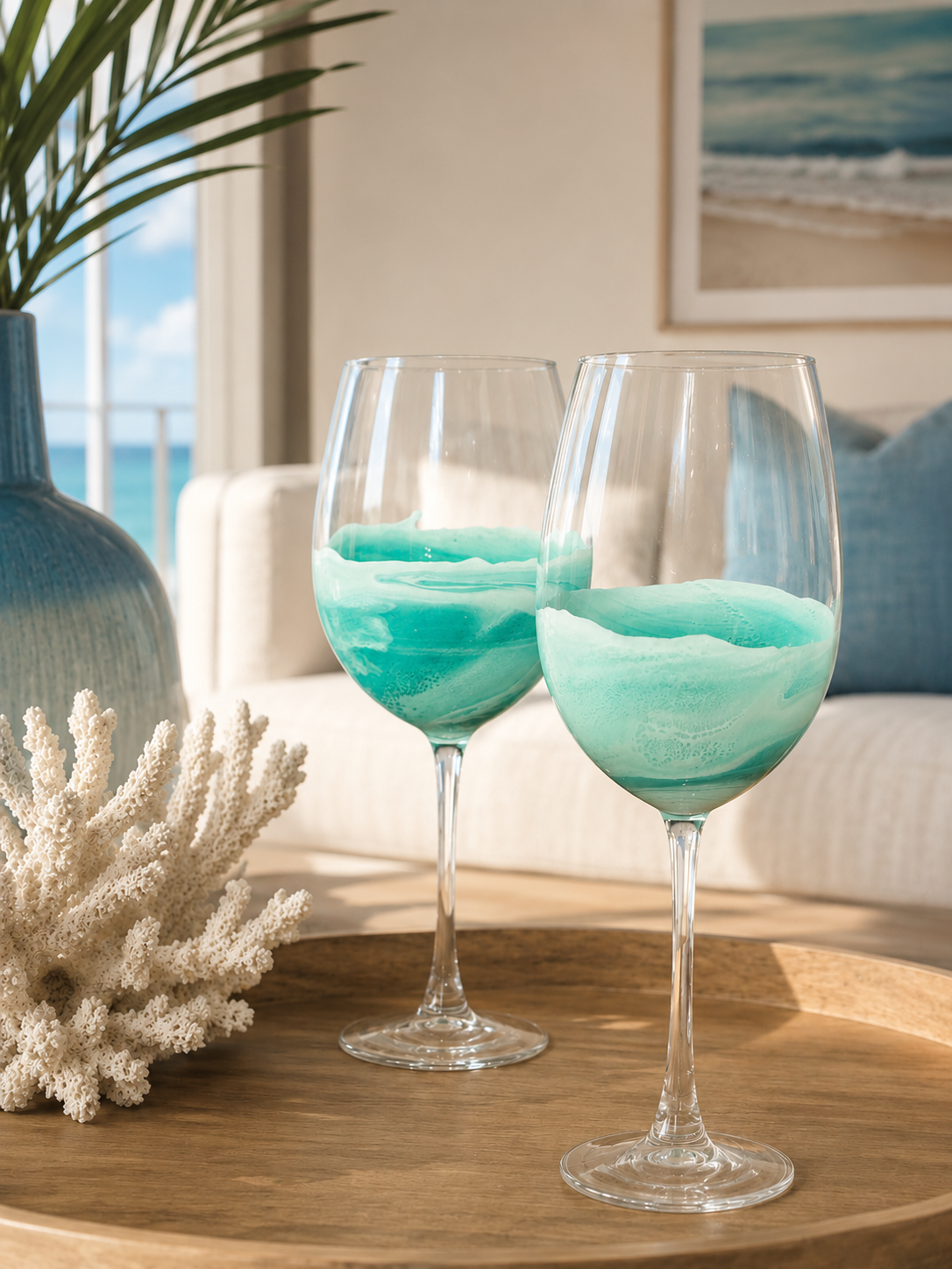 Aqua Waves on Stemmed Wine Glass
