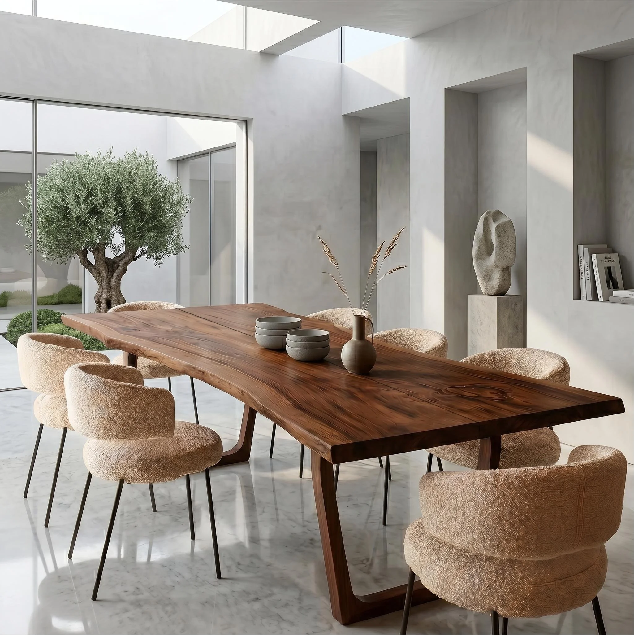 Luxury custom solid wood live edge dining table with sculptural wood base and natural grain, styled in a contemporary San Diego home.