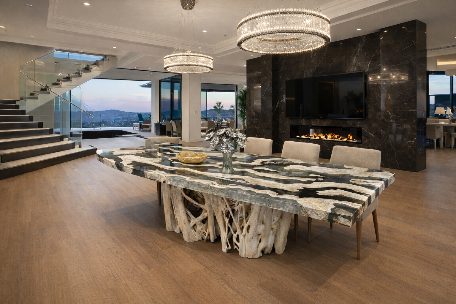 Burled Indian Lilac Table Encased in Crystal Clear Resin on a Fig Root Base