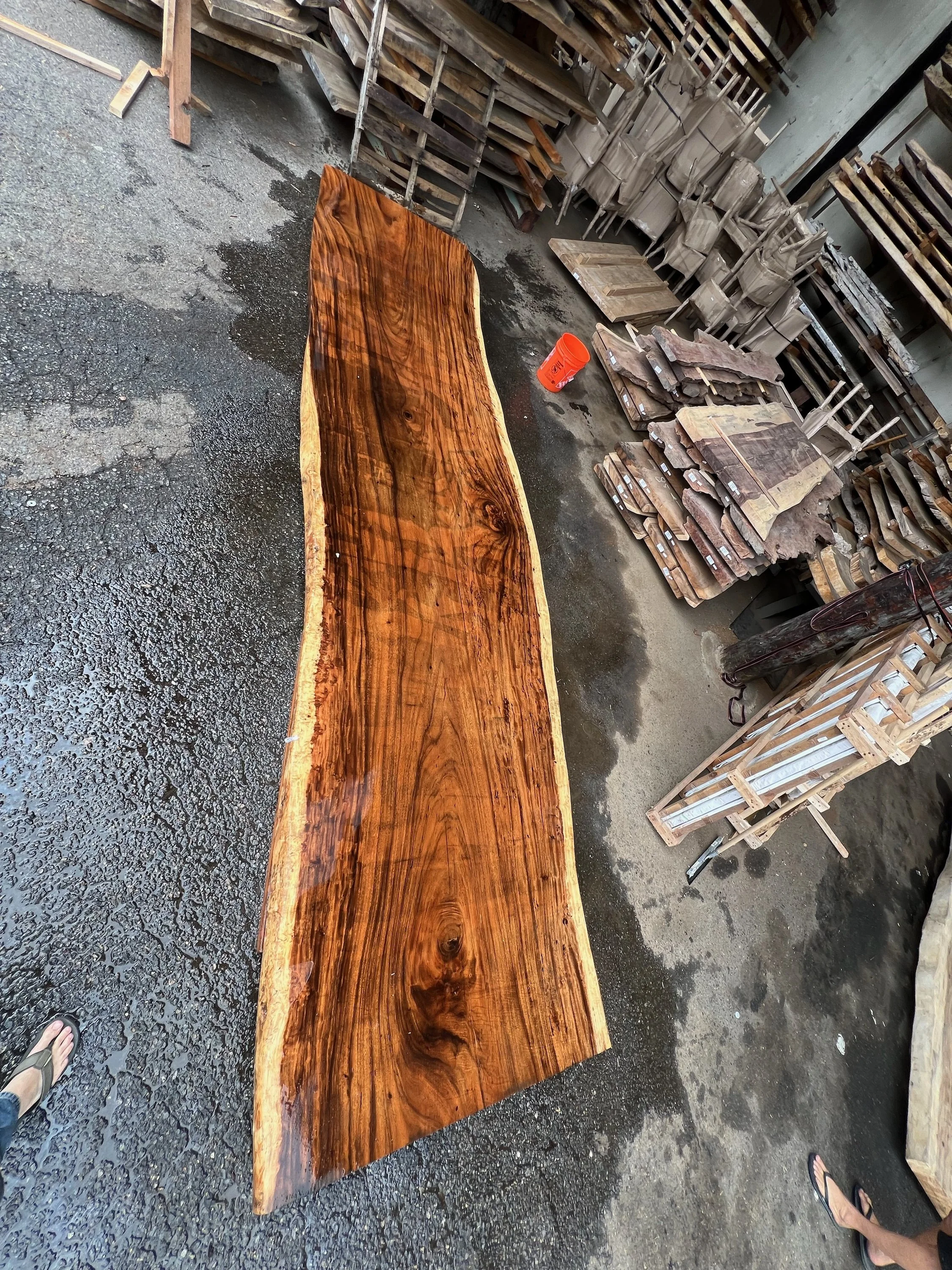 Stabilized live edge wood slab being prepared for a custom handcrafted table by Indigenous by La Rue in  San Diego