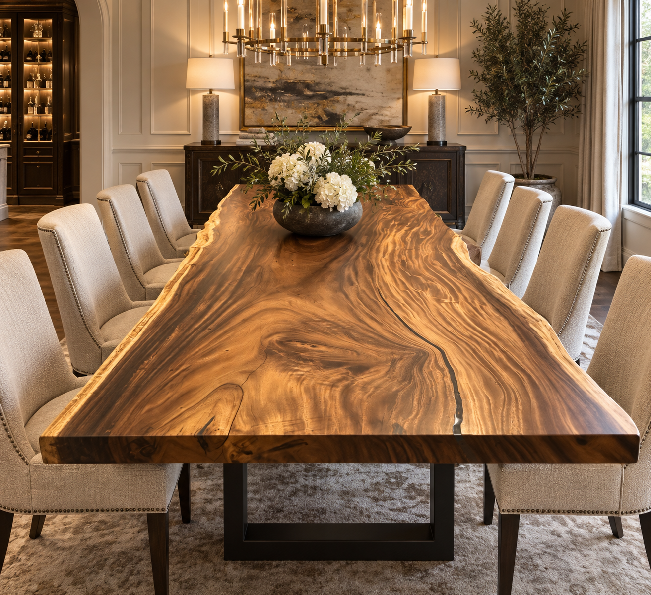 Custom live edge dining table in a traditional luxury Dallas Texas home