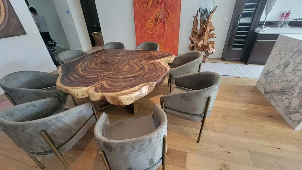 Round live edge dining table handcrafted for a Nashville TN homele