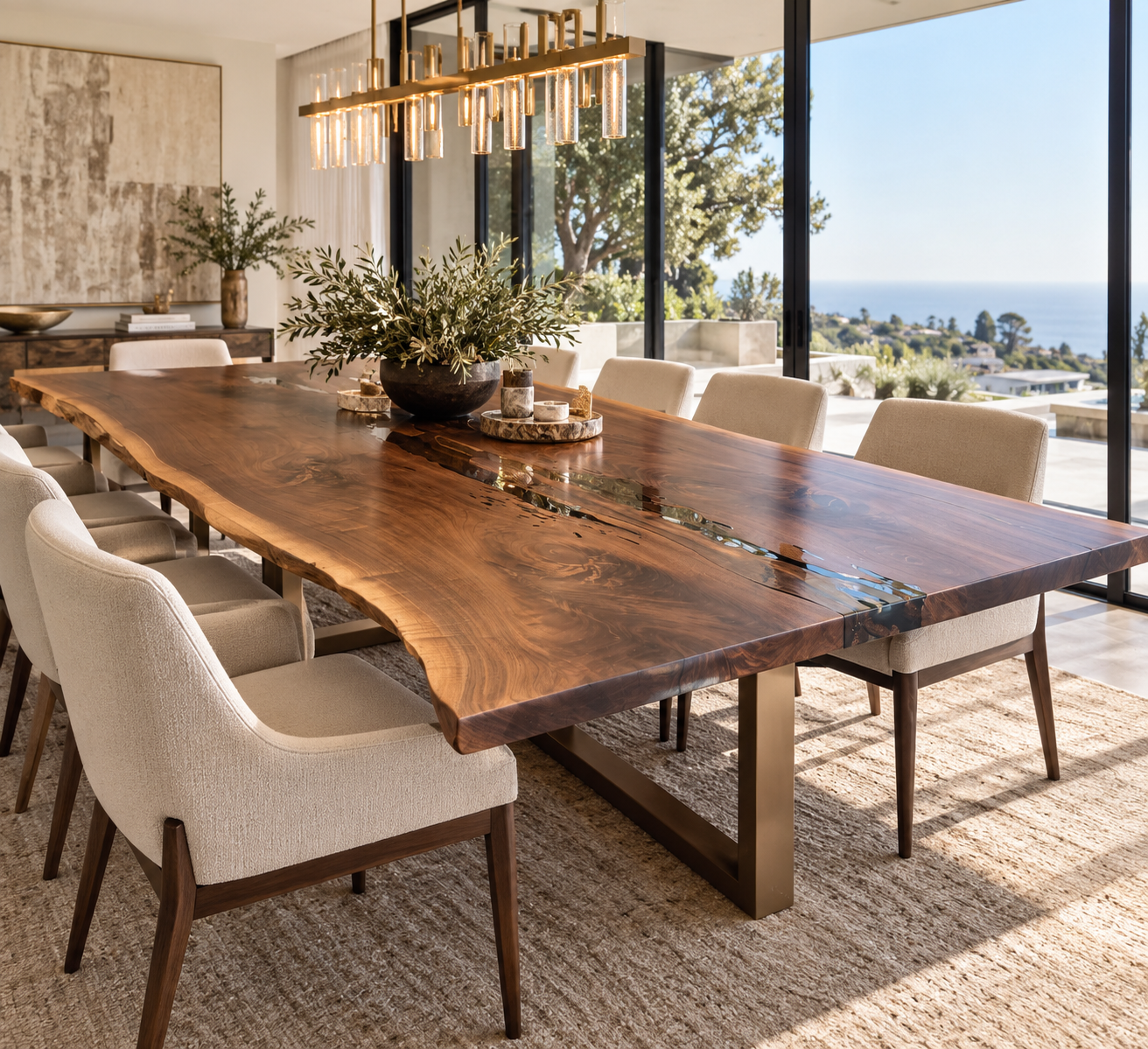 Black Walnut live edge diing table with clear resin in a Pacific Palisades home