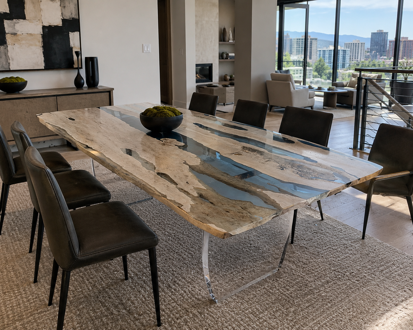 : Handcrafted live edge wood and clear resin dining table detail