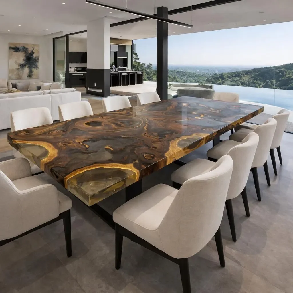 Acacia Crosscut Clear resin DIning table.webp