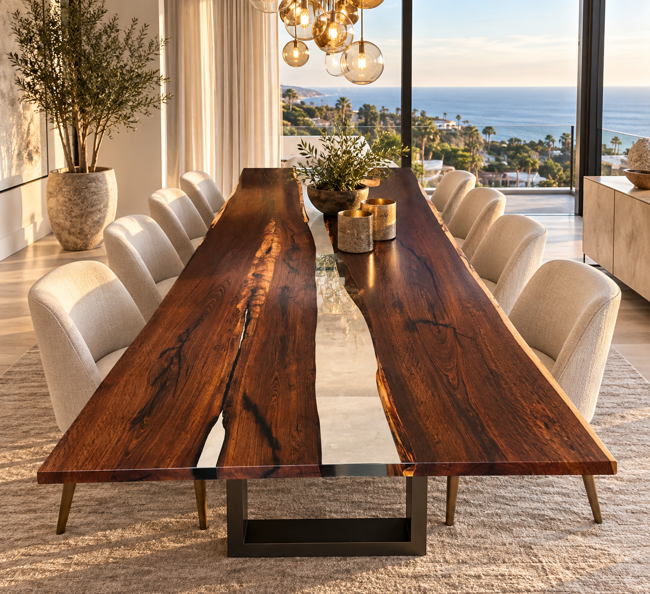 Custom live edge walnut diing table with clear resin handcrafted by Indigenous by La Rue in San Diego
