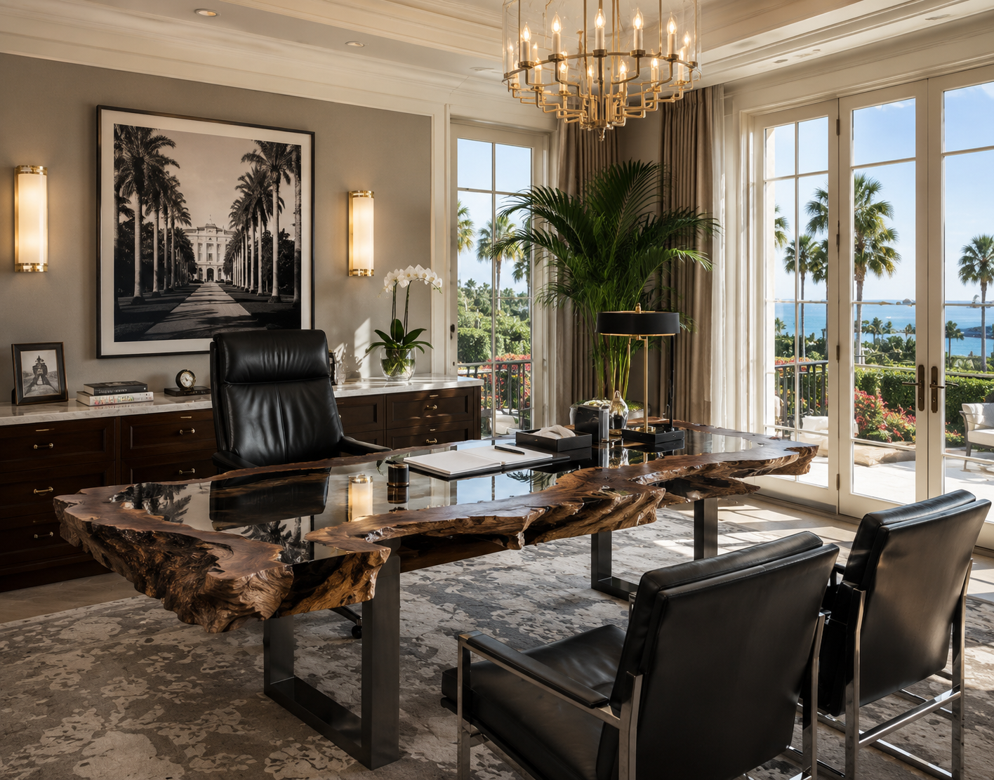 Custom live edge conference table in a luxury Palm Beach Florida executive office