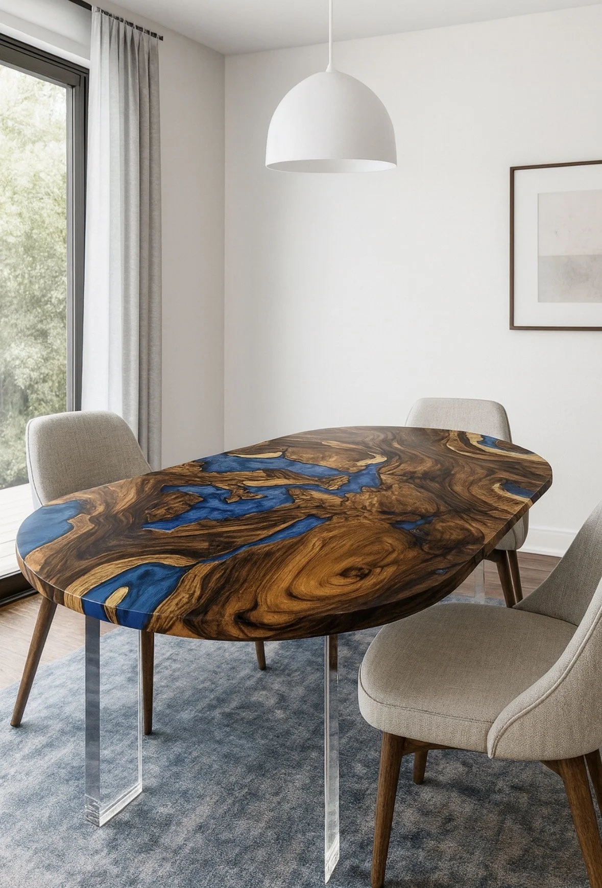 Custom live edge resin dining table with blue epoxy and natural wood grain in a modern San Diego home.