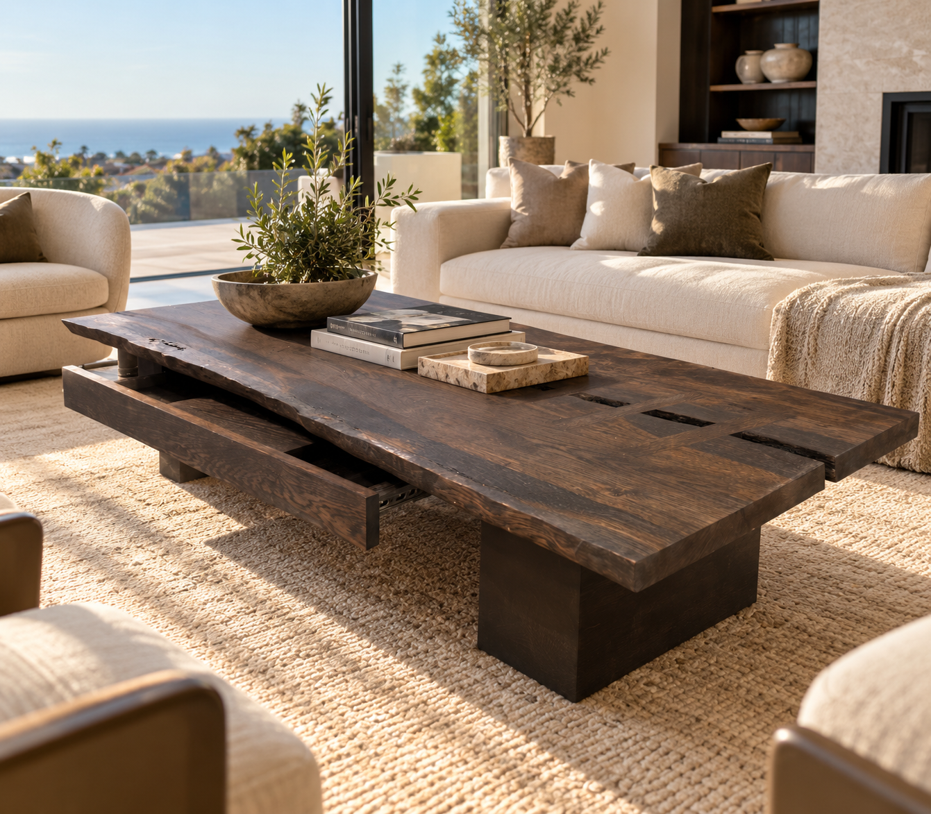 Custom Fumed White Oak live edge coffee table for a Pacific Palisades home