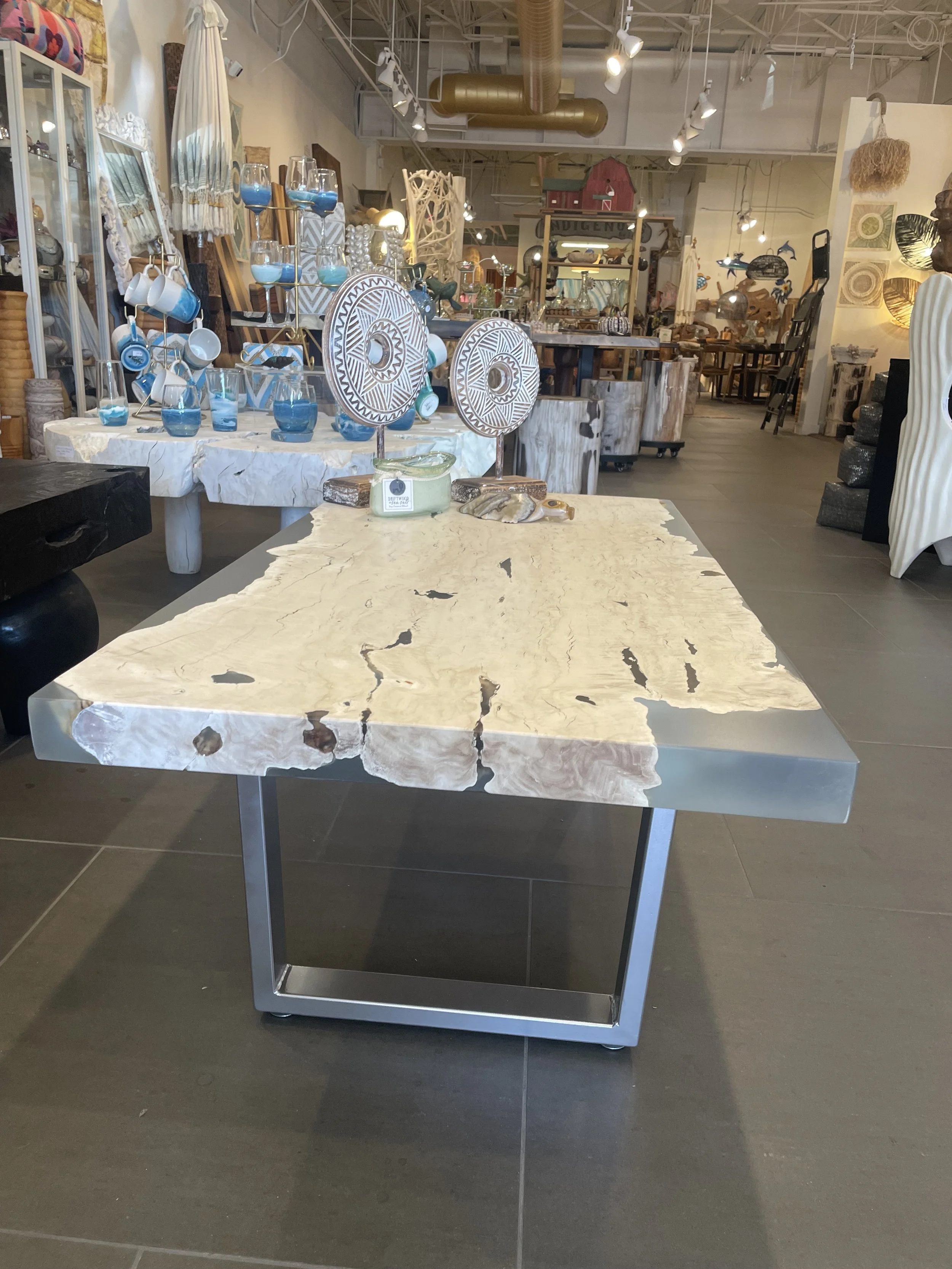 White Burled Coffee Table Encased in Clear Resin