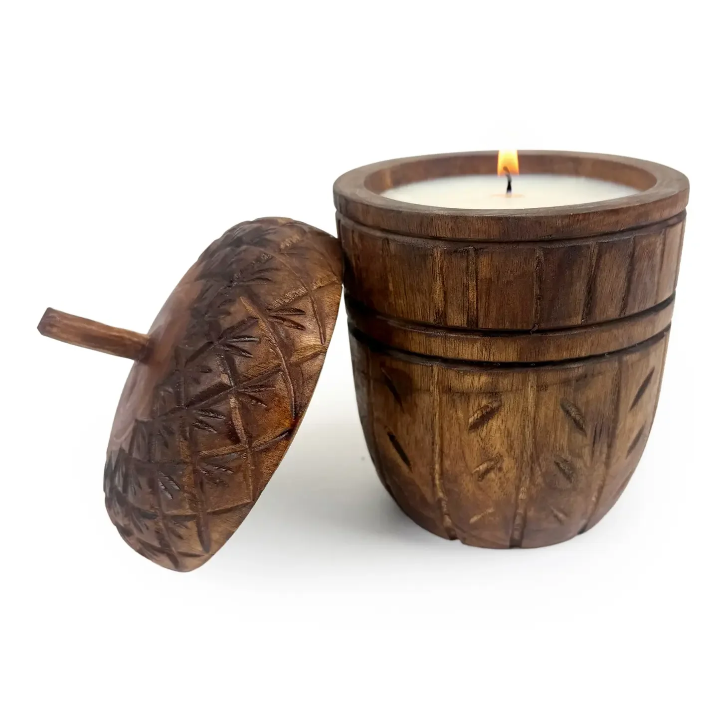wood acorn carved rustic fall scented candle.webp