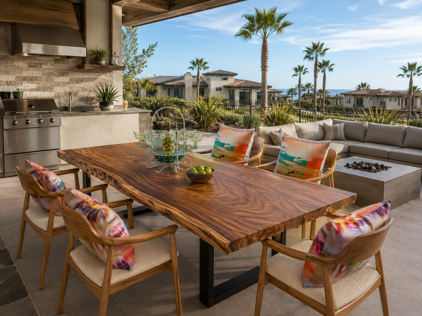 live edge outdoor dining table on a luxury San Diego patio
