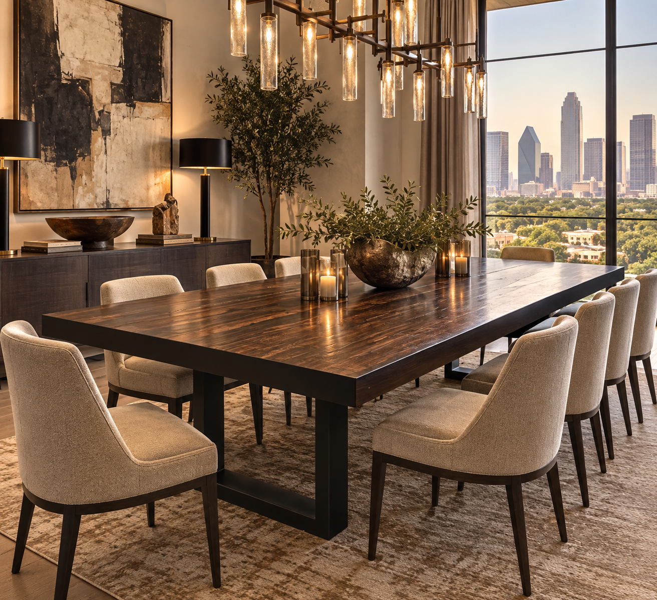 Custom ebony wood dining table in a luxury Dallas Texas interior