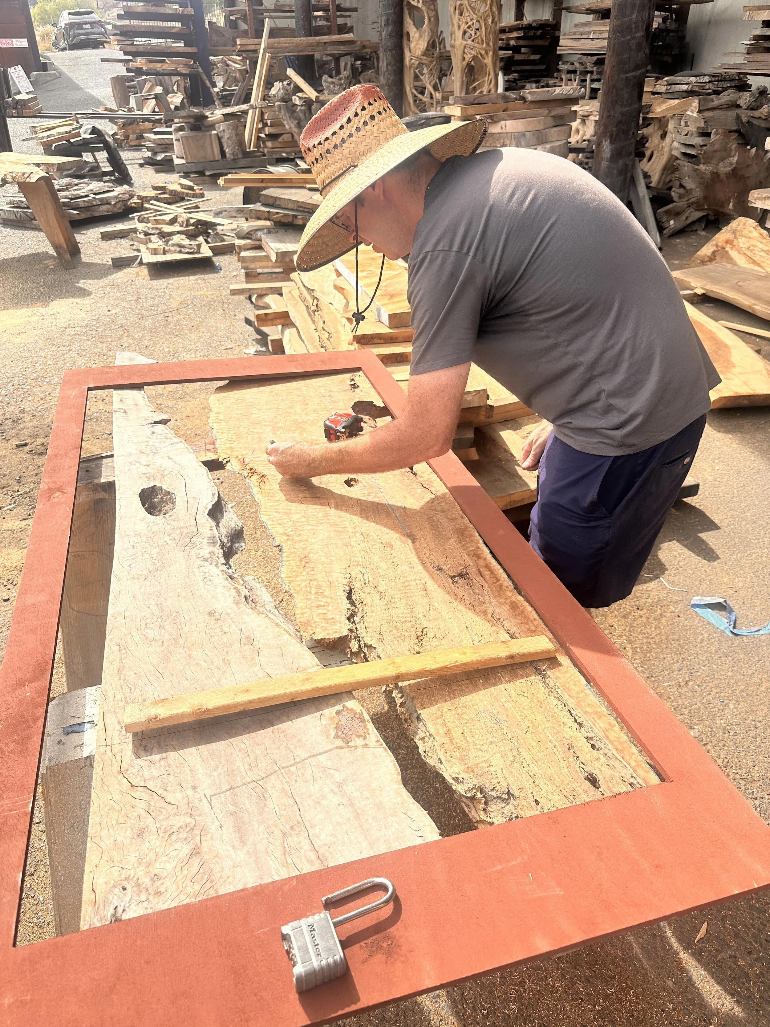 John La Rue handcrafting a custom live edge table at the Indigenous by La Rue workshop in San Diego County.