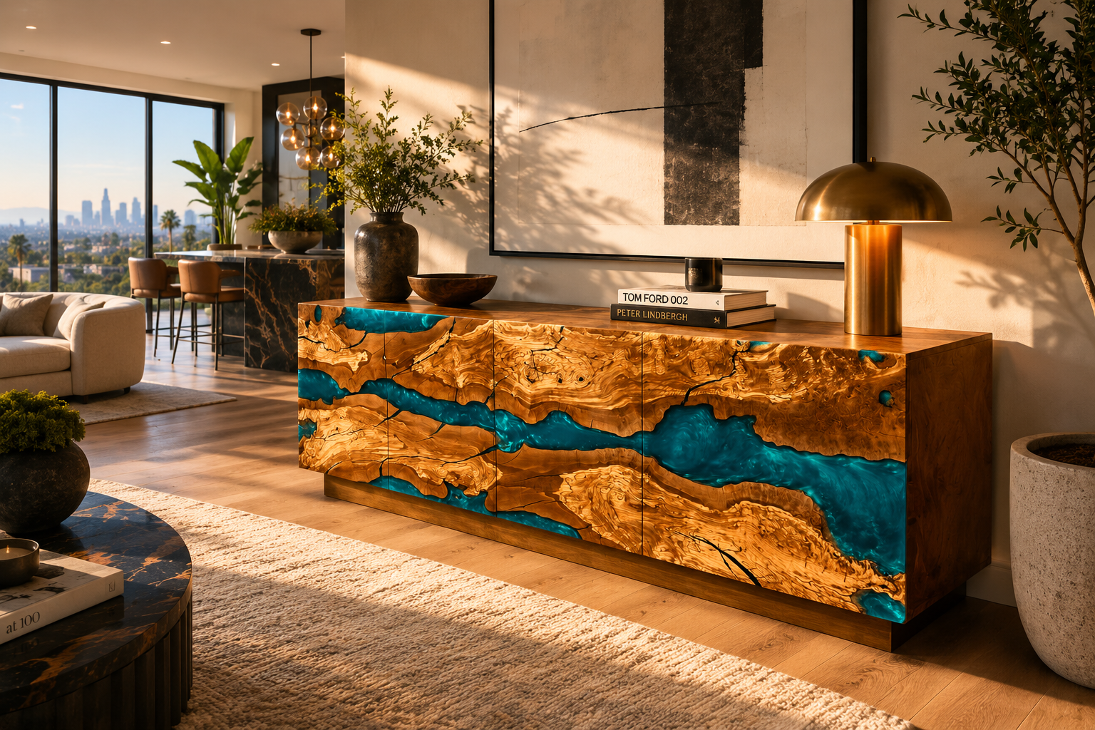Olivewood and resin credenza in a Nashville home.