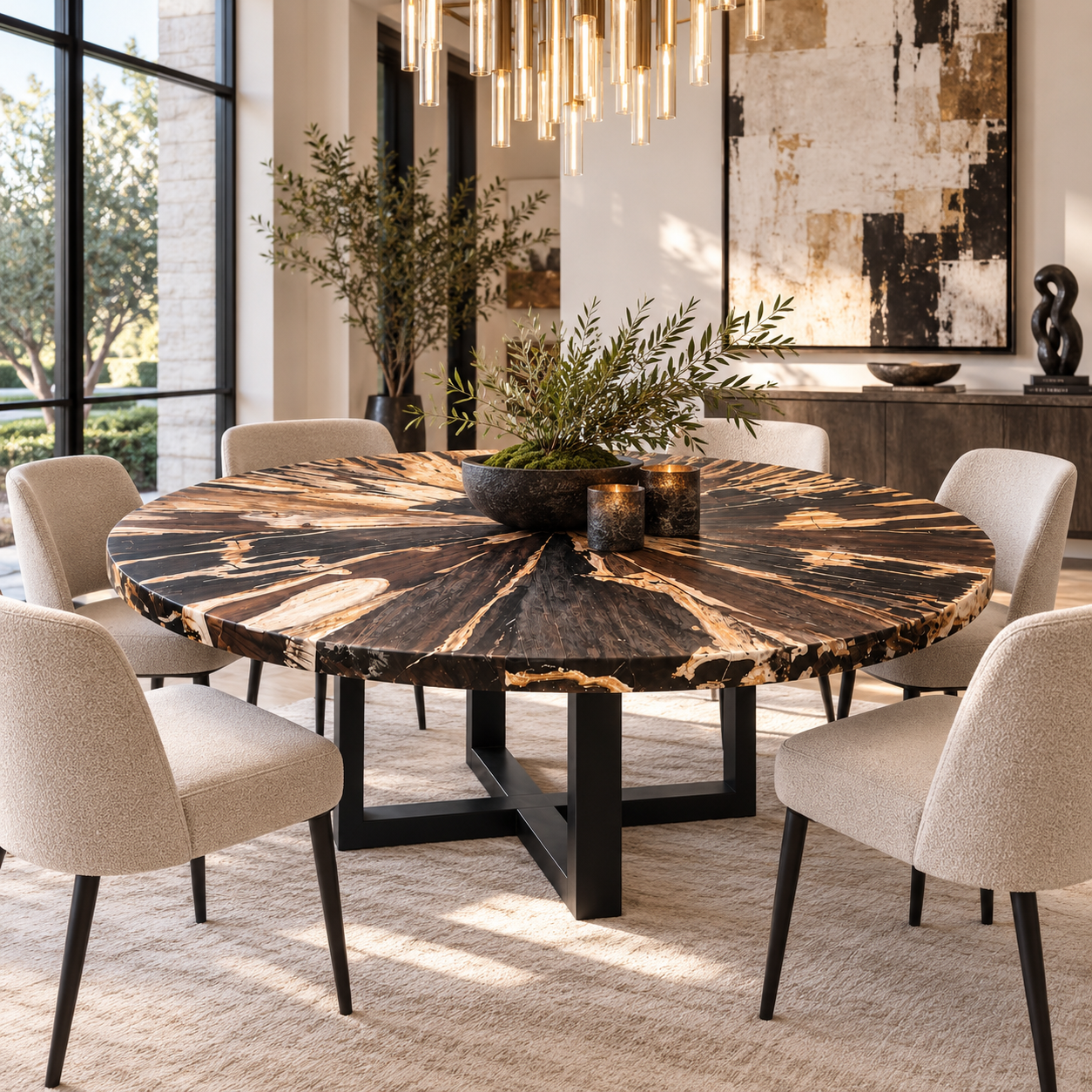 Custom round petrified wood dining table for a luxury  Dallas Texas home