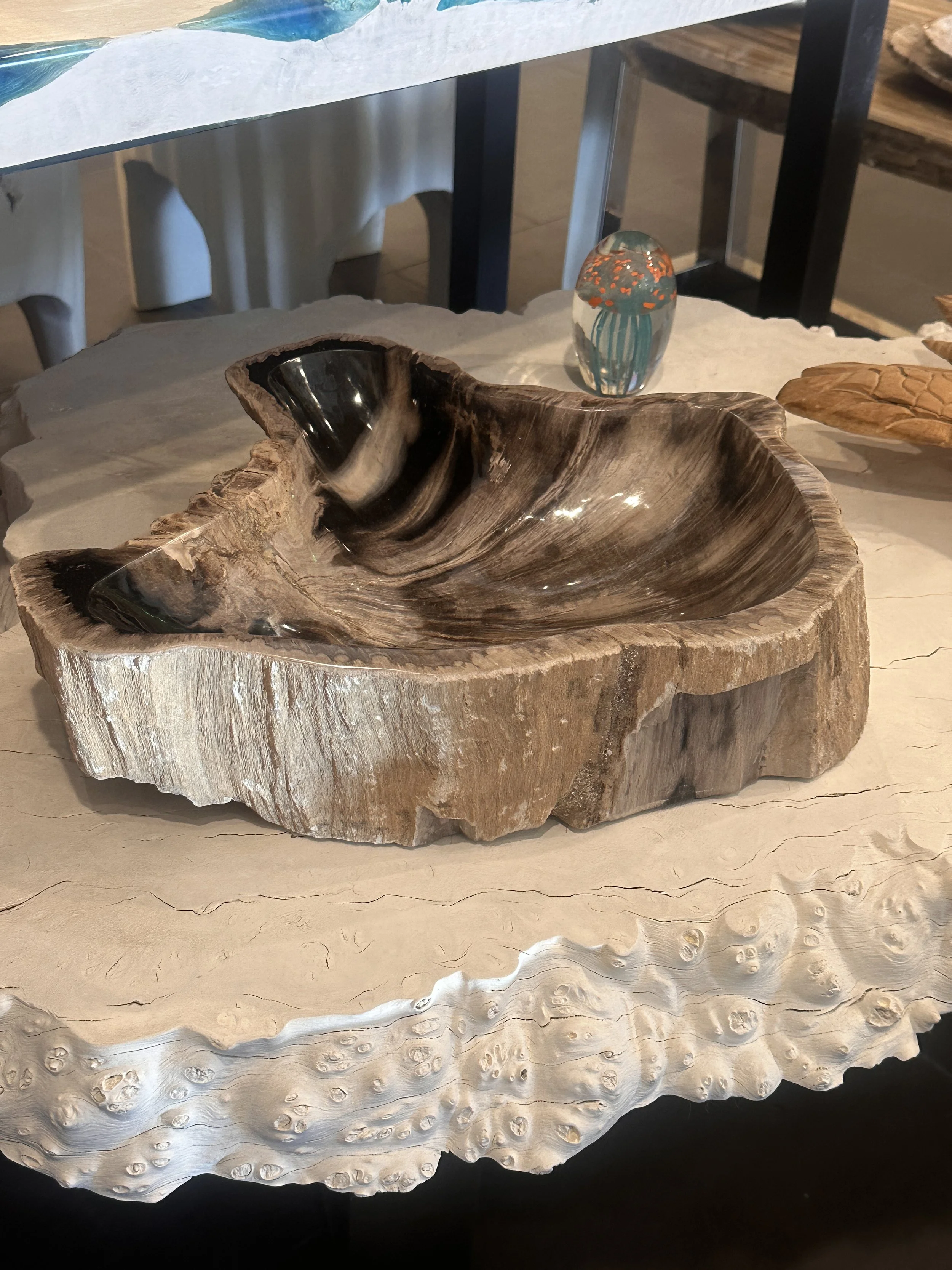 Organic black and gray petrified bowl.JPG