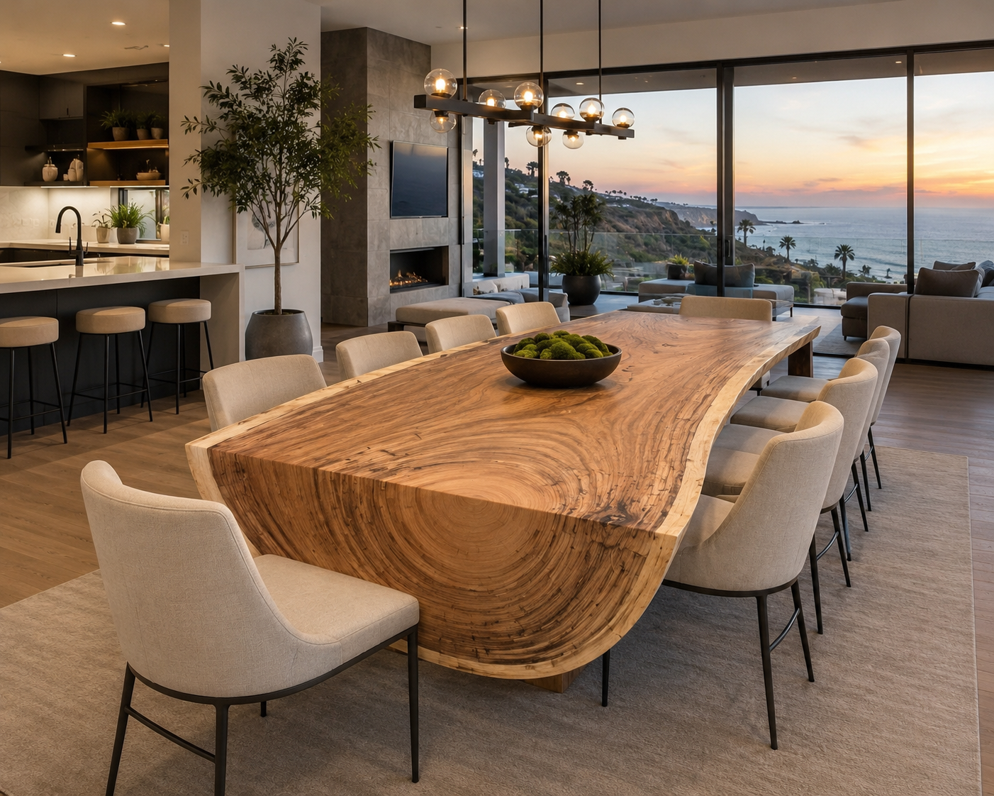 Live edge waterfall dining table in a modern luxury San Diego hoe with ocean views.