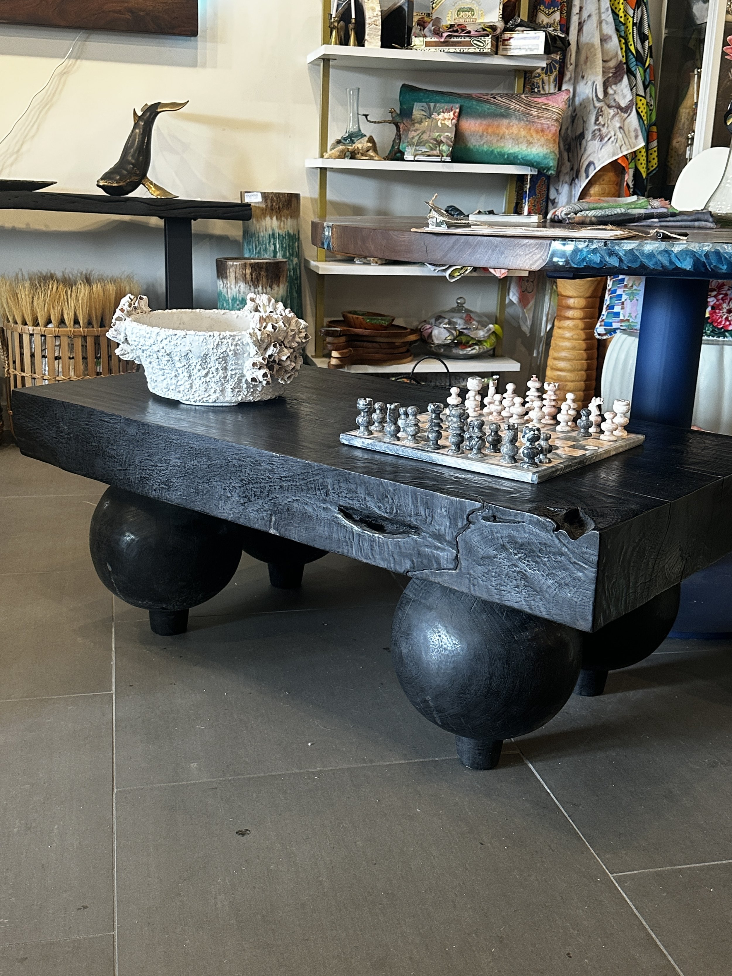 Black Ebonized Coffee Table on Round Legs
