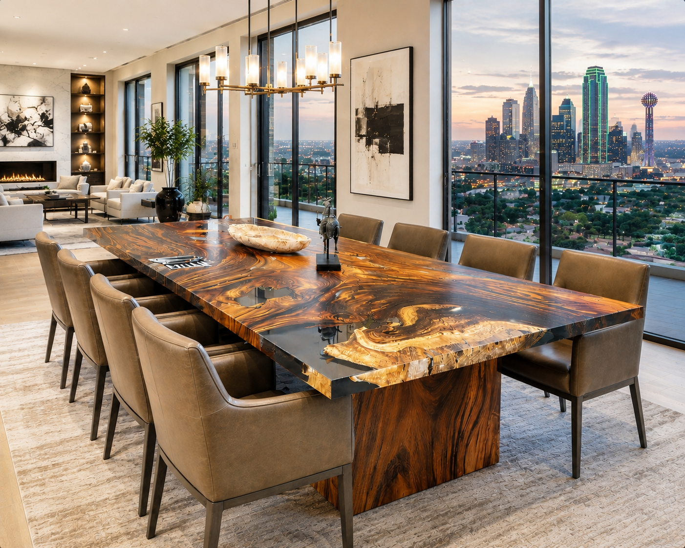 Custom clear resin live edge dining table for a modern Nashville TN home