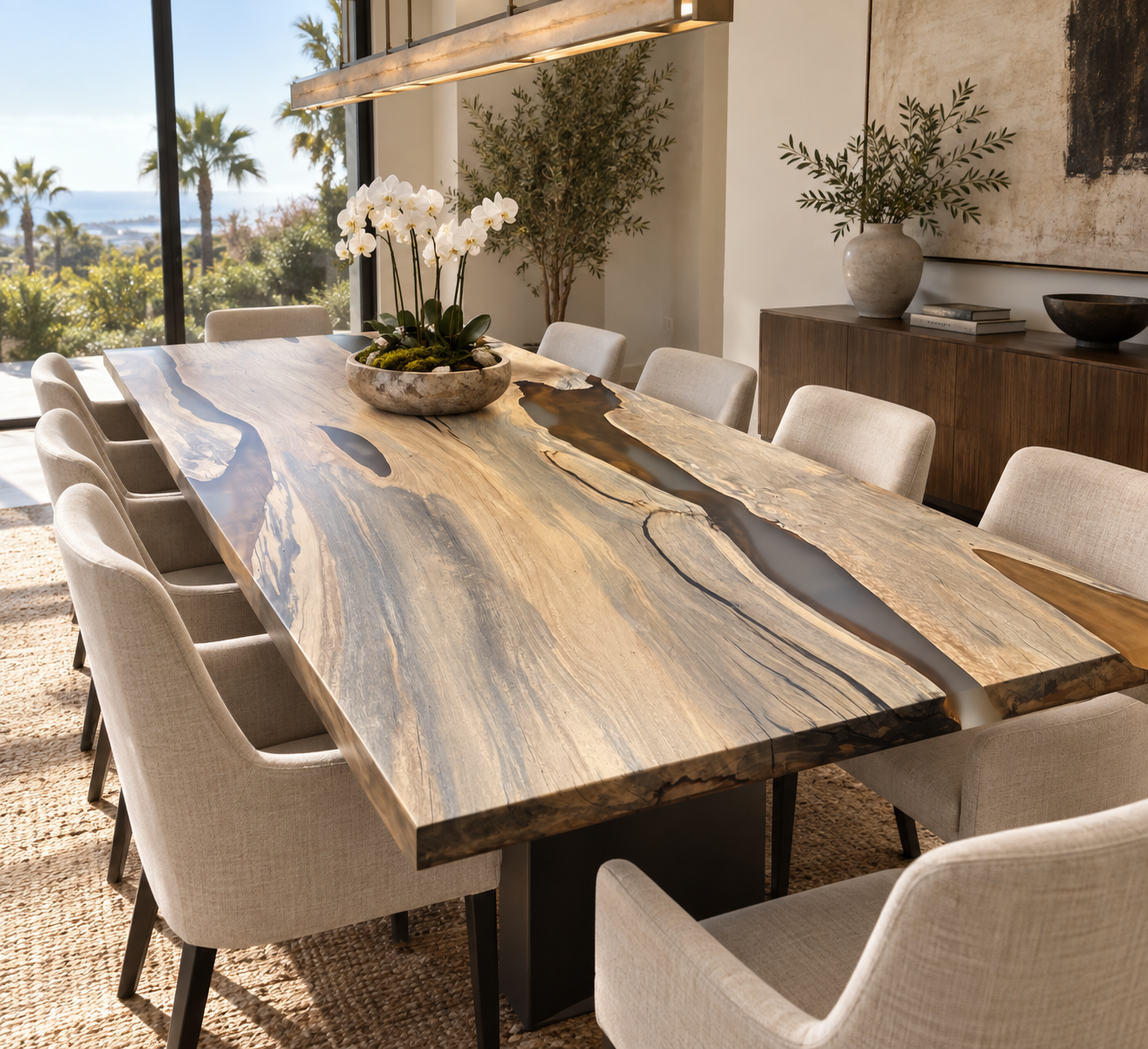 12 foot custom tamarind resin dining table handcrafted by Indigenous by La Rue in San Diego