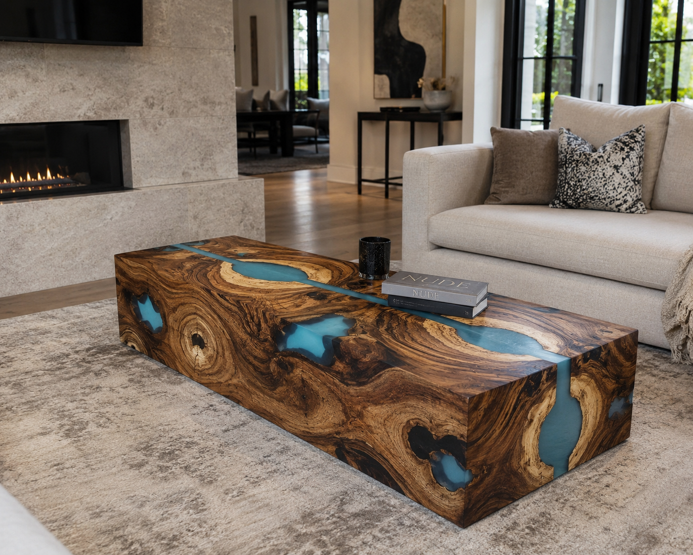Resin measured and poured for a custom live edge table in a temperature and humidity controlled room