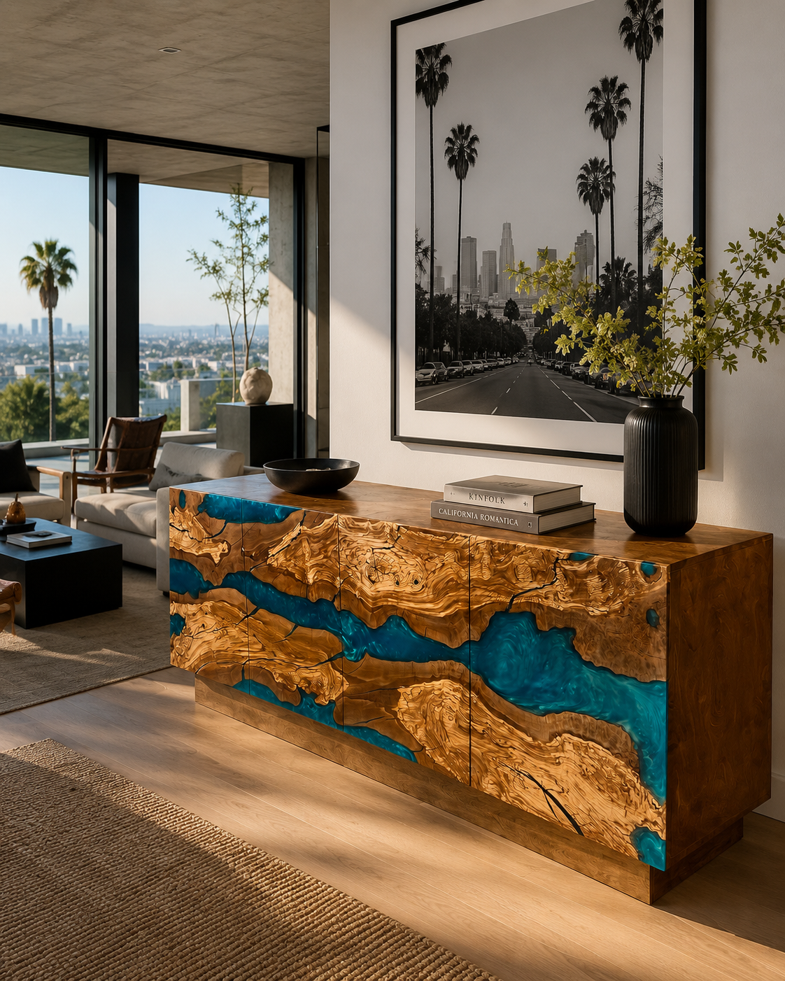 Custom Credenza - Olive with Blue Green Resin Credenza Example